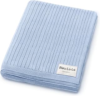 Organic Ribbed Swaddle Blanket for Boys & Girls - 100% Luxury Organic Soft Cotton Knit Warm Cozy Cuddle Stroller Blanket for Newborns, Infants, & Toddlers (Sky Blue)