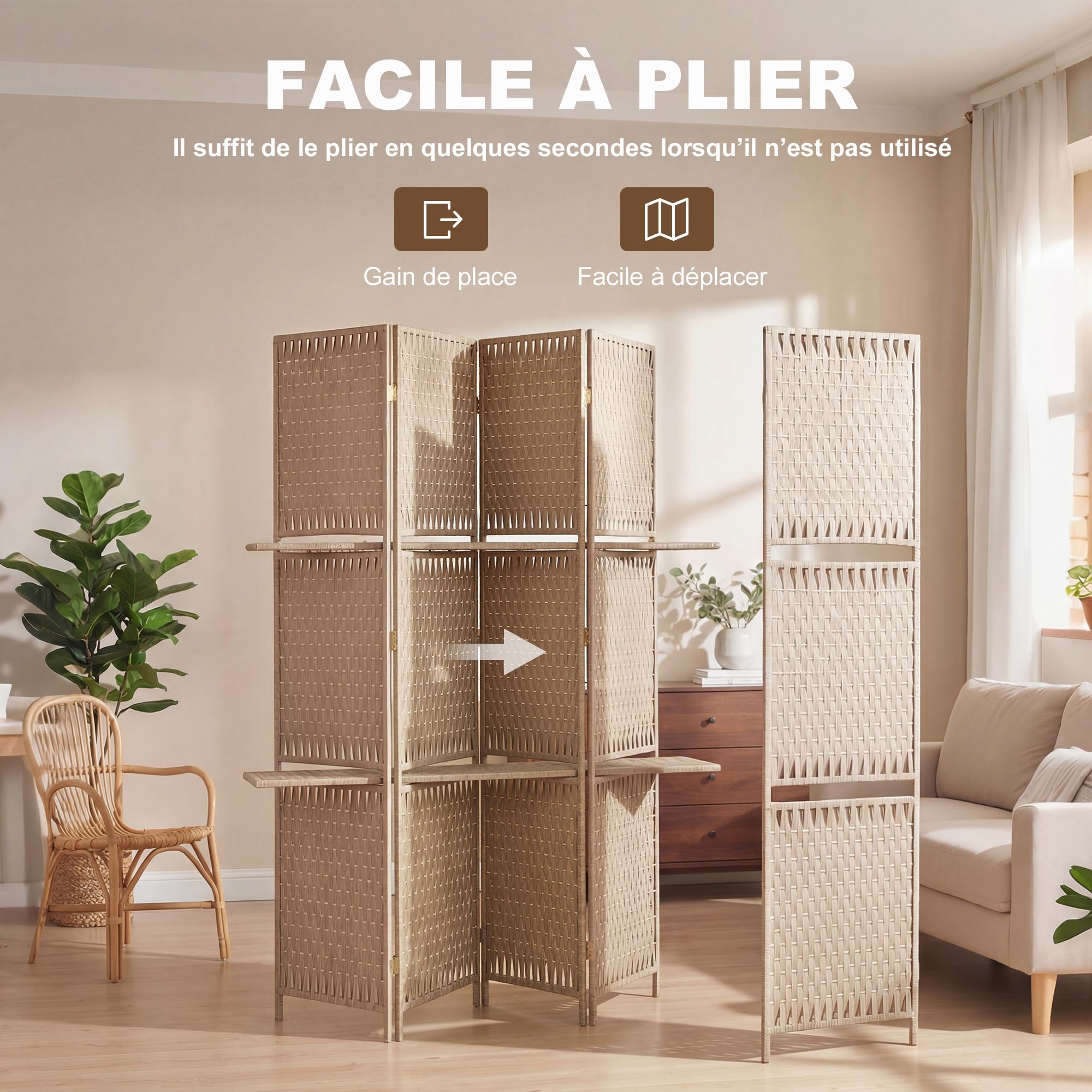 HOMCOM Paravent Intérieur 4 Panneaux 2 Étagères Pliables 181x180cm Naturel | Séparateur de Pièce, Bois de Pin, Bambou, Fibres de Papier Tressée