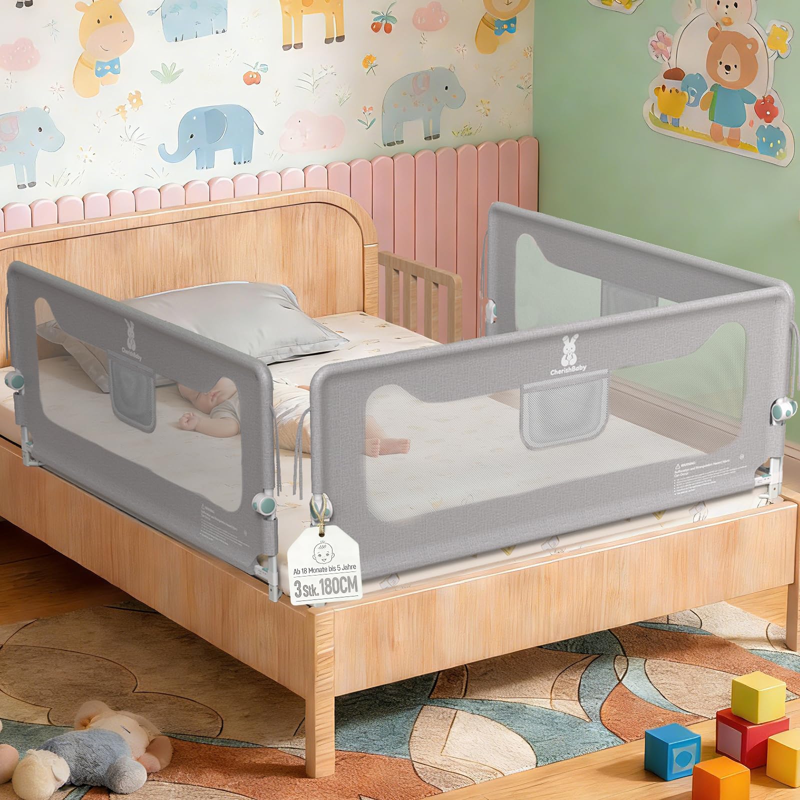 Soontrans Protezione contro le cadute, delicata protezione per i bambini che si muovono molto, pieghevole e regolabile in altezza, per letto a soppalco, in metallo e imbottito (3 pezzi, 180 cm