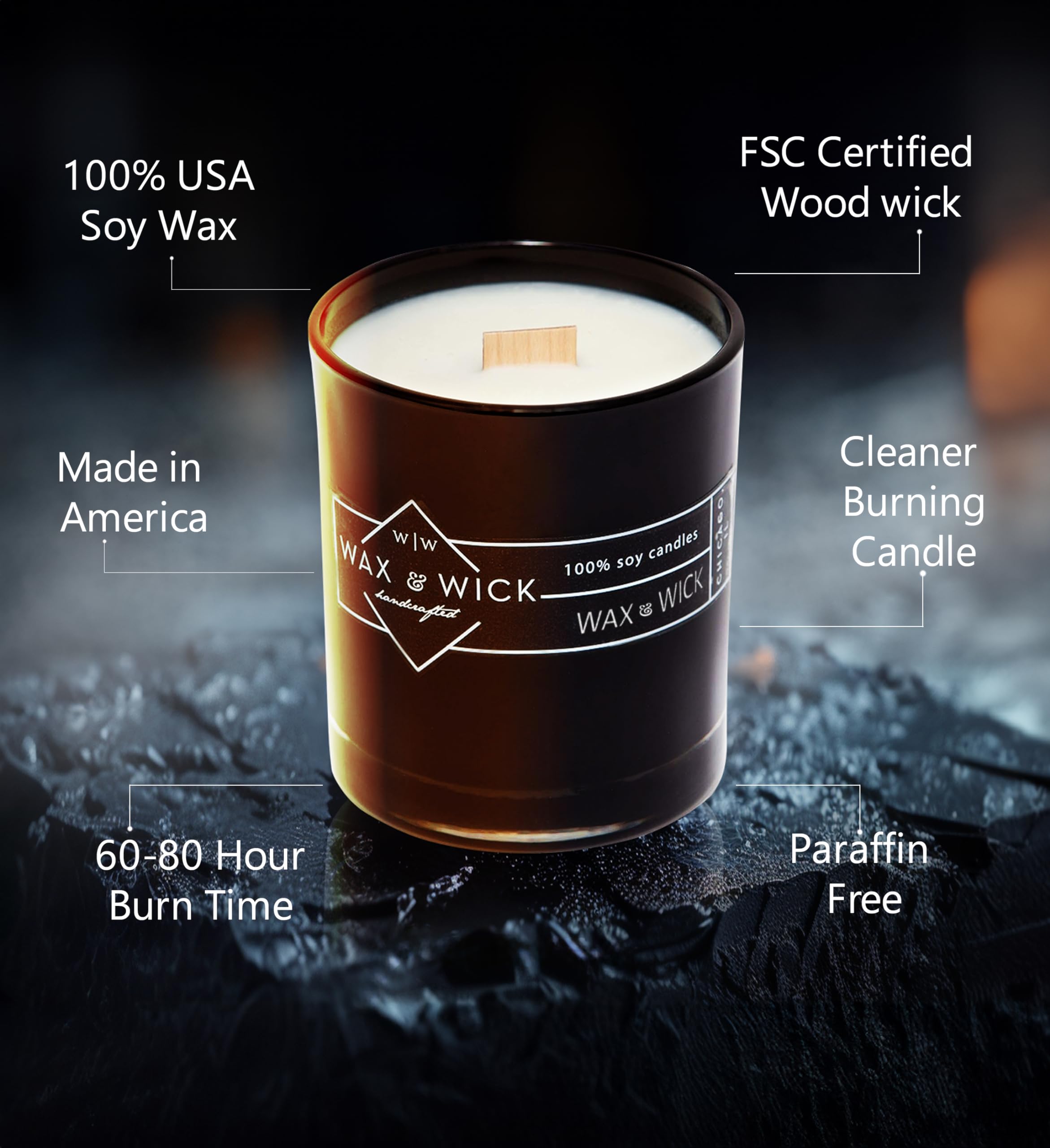Wax & Wick - Vela aromática de soja. 100% cera de soja pura con doble mecha de madera. Combustión limpia de hasta 60 horas. Tarro negro de 270 g