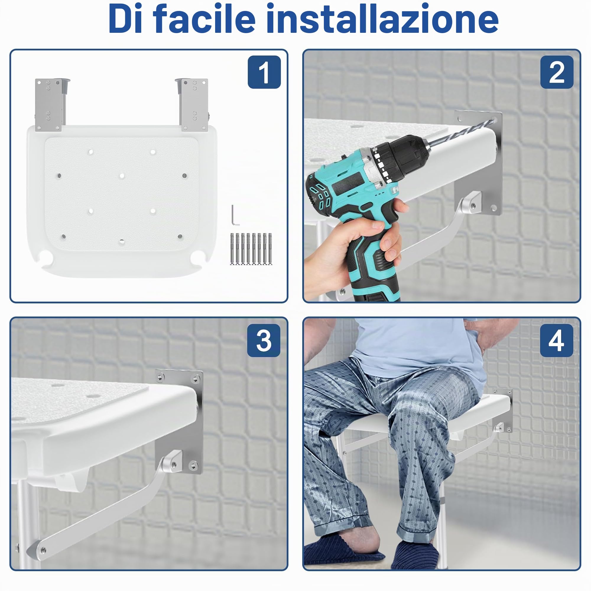 UISEBRT Sedia da doccia pieghevole per montaggio a parete, sedia da doccia, sgabello da bagno, altezza regolabile per anziani, in gravidanza, carico massimo 200 kg