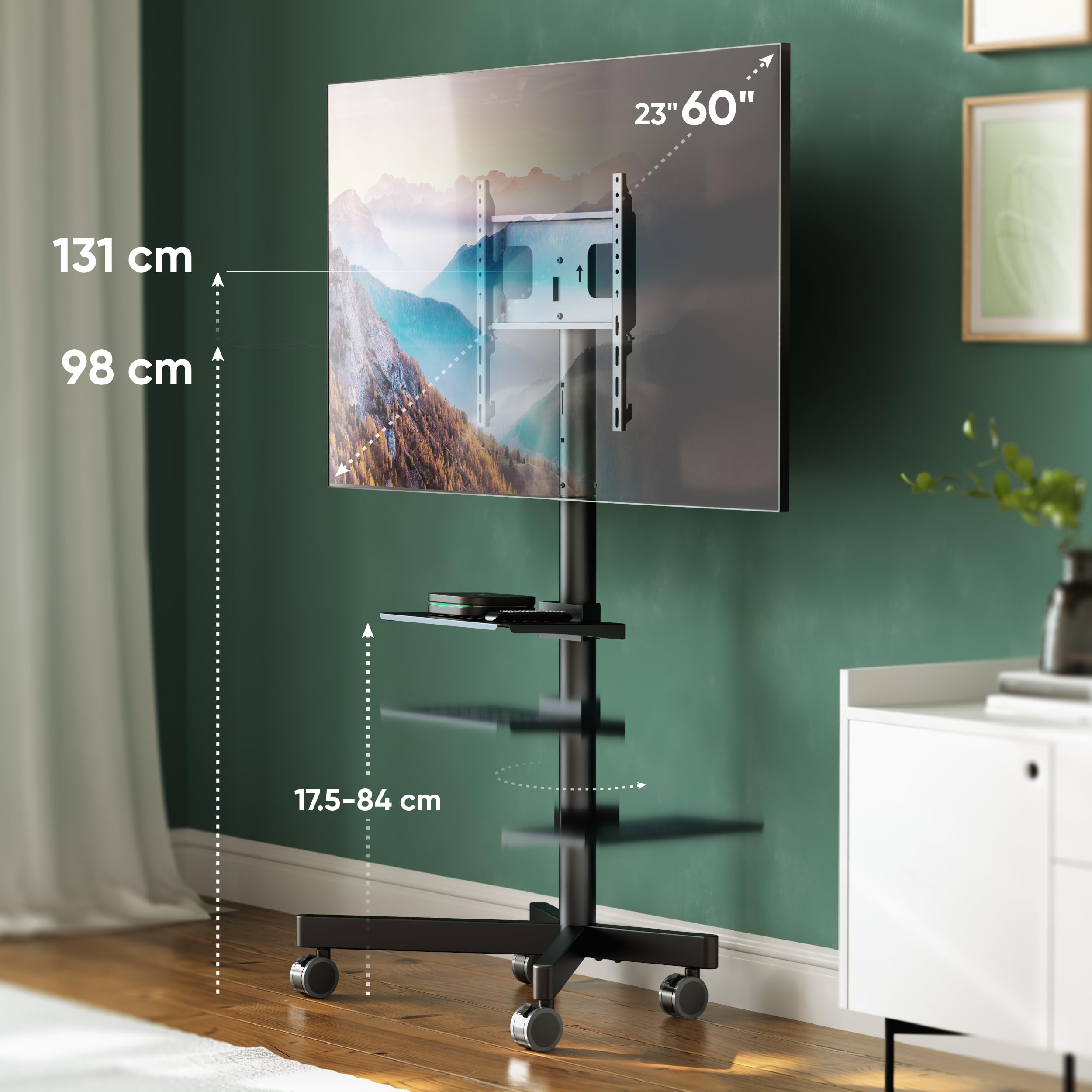 ONKRON TV Ständer rollbar für 23-60 Zoll Fernseher, max Last 45 kg, mobiler TV Standfuss höhenverstellbar, Fernseh Rollwagen max VESA 400x400, Fernsehständer mit Rollen, Ablage Schwarz TS1137-B