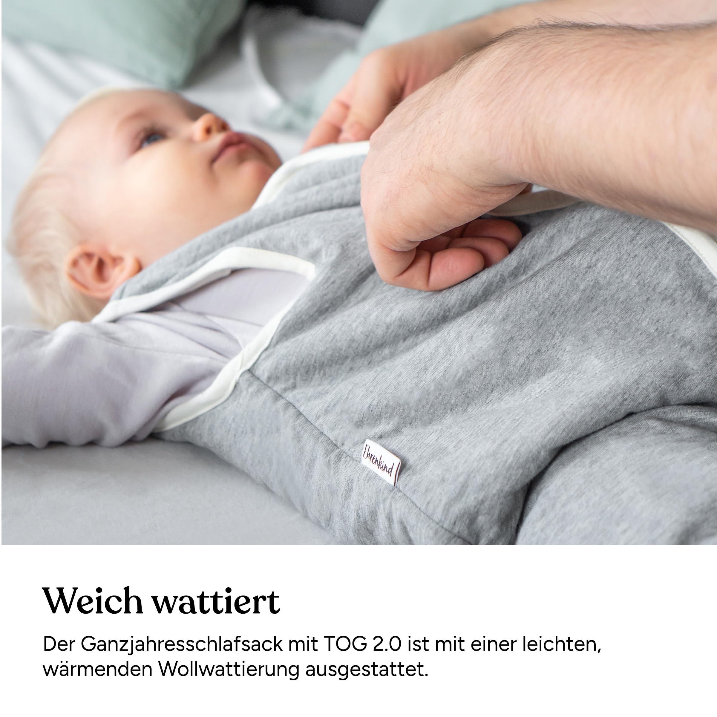 Ehrenkind® Ganzjahres-Schlafsack mit Füßen Wollfüllung | 100% Bio-Baumwolle mit 100% Wolle Füllung Baby-Schlafsack | OEKO-TEX | Hellgrau Melange 100