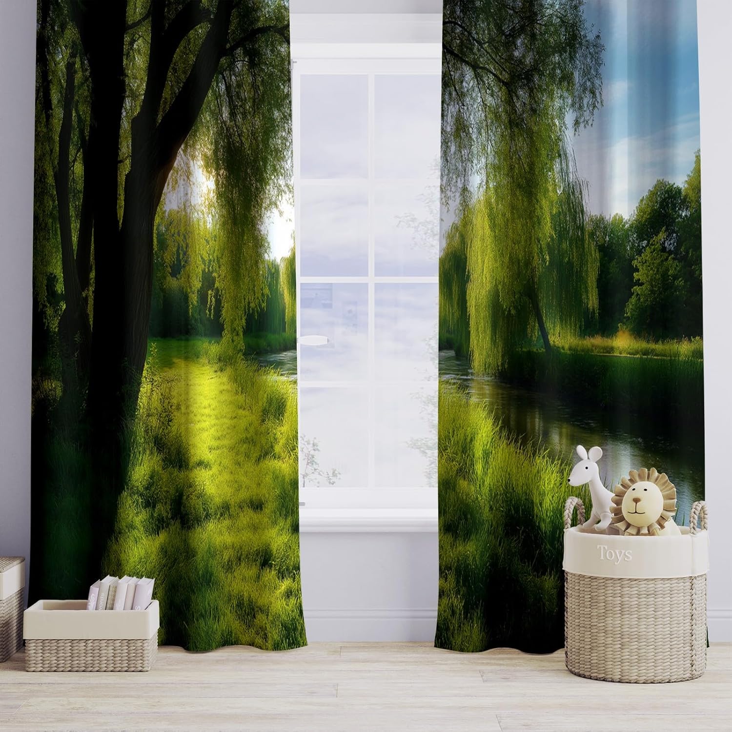 Spring River Countryside Landscape Blackout Curtains with Grommet, 63 Inches Long Thickening Polyester Thermal Insulated Window Drapes for Living Room/Bedroom (Green, 2 Panels, 21x63 Inch)