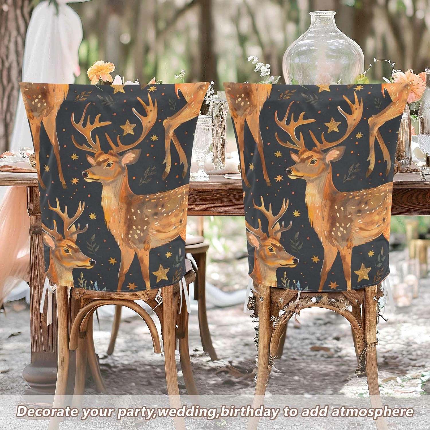ALAZA Deers Stars Chair Back Cover Set of 6, Washable Reusable Removable Chair Slipcovers Decorative Chair Cover for Home Kitchen Wedding Party