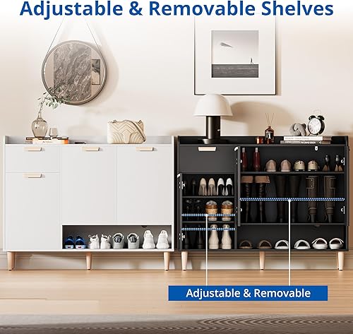 Miniatura 5 de Cozy Castle Armario de almacenamiento de zapatos con puertas y cajón, organizador de zapatos delgado con estantes ajustables, zapatero de madera