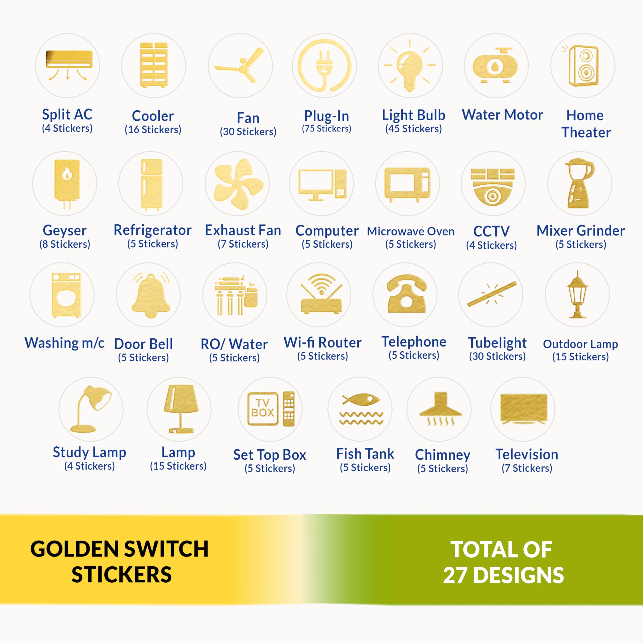 Flybuyhub Gold Switch Stickers for Switch Board | Golden Embossed Pack of 330 Stickers for Home Including Fan, Light and Many More 2