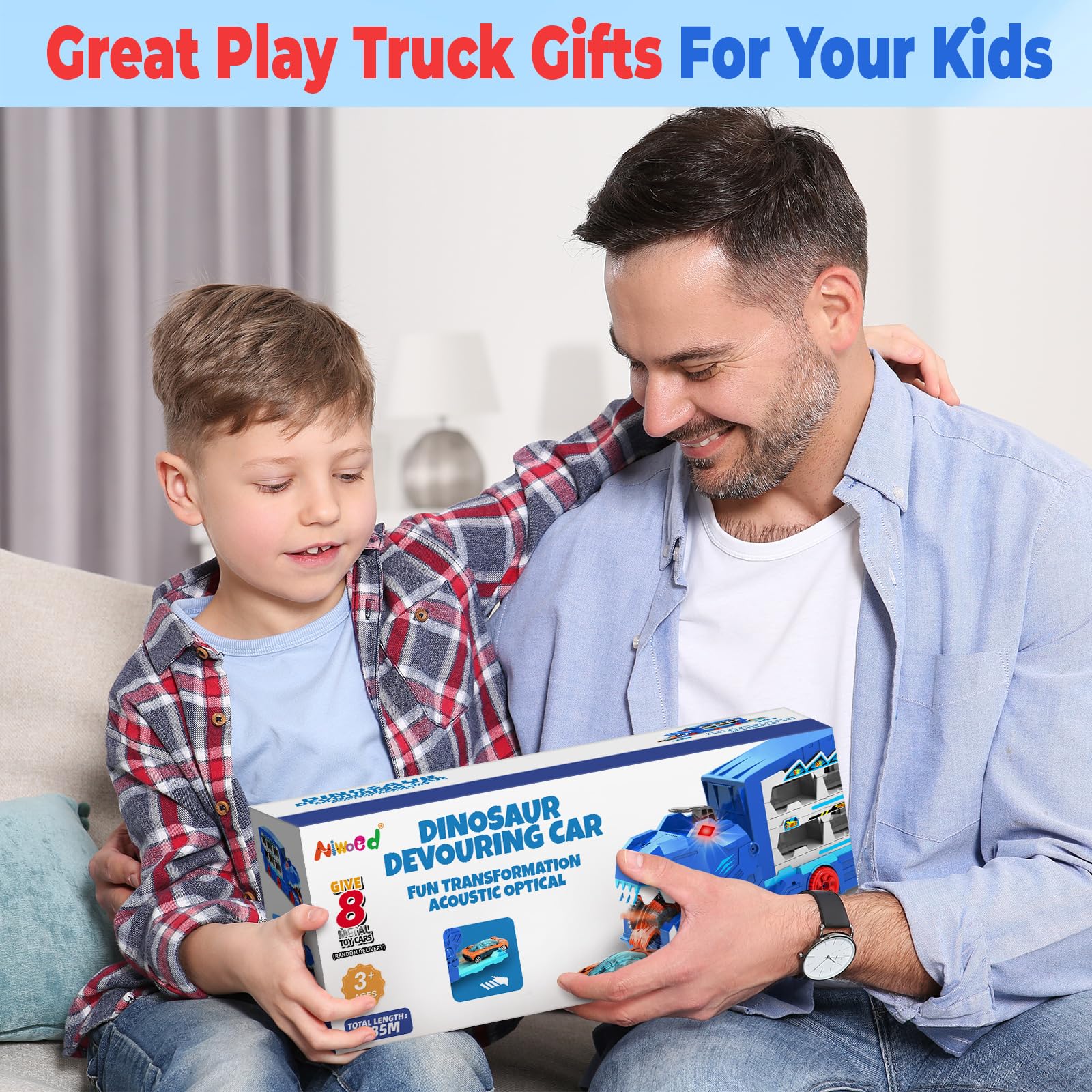 Ultimate Transporter - Juego de juguetes de pista de carreras de dinosaurios para niños, camión portador de 6 pies con 8 coches de juguete de metal fundido a presión, coche de carreras con