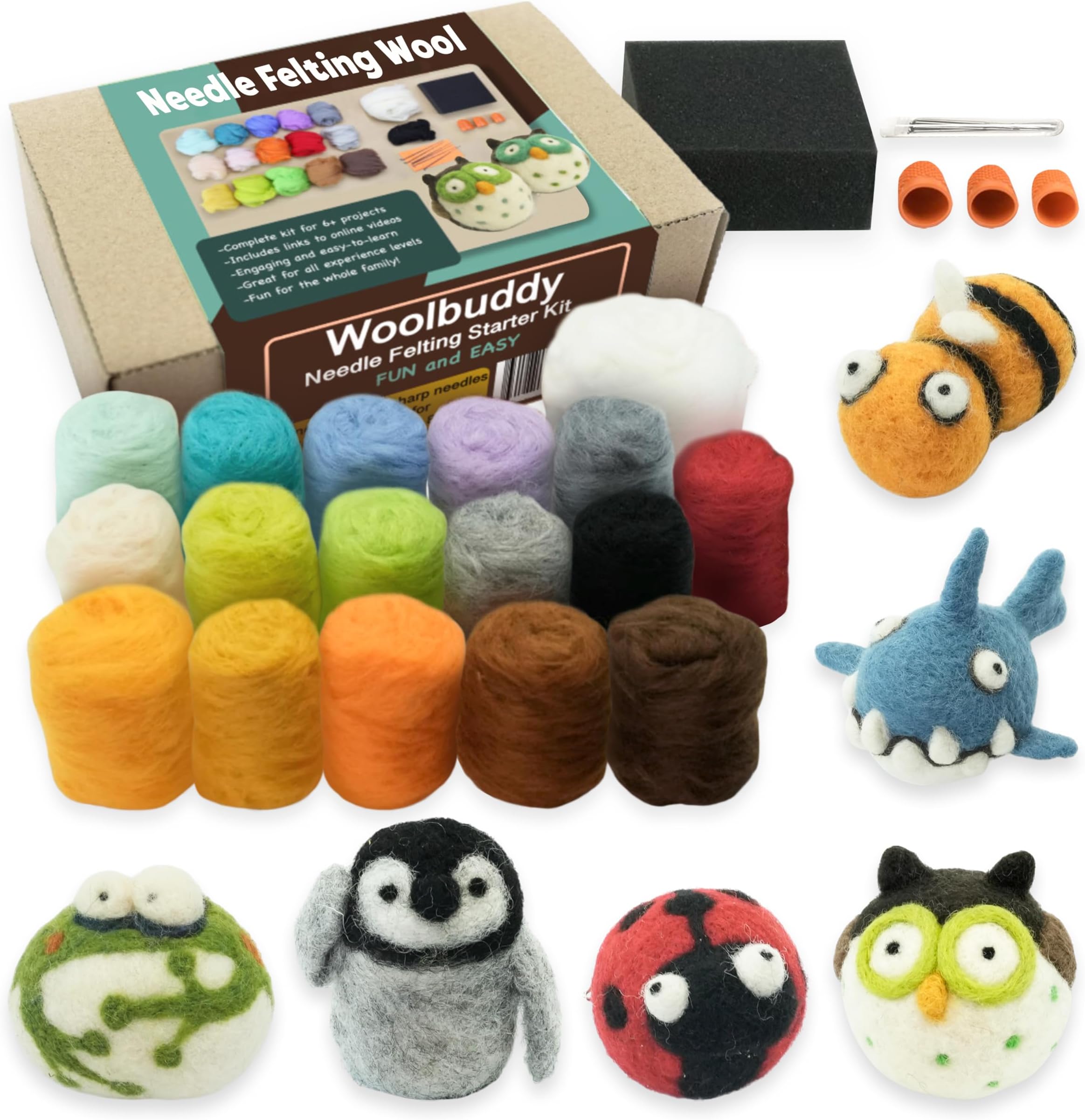 Woolbuddy Needle Felting Wool Kit โ Starter Set to Make 6 Cute Animals โ Includes Wool, Pad, Needles & Instructions for Beginners and Adults