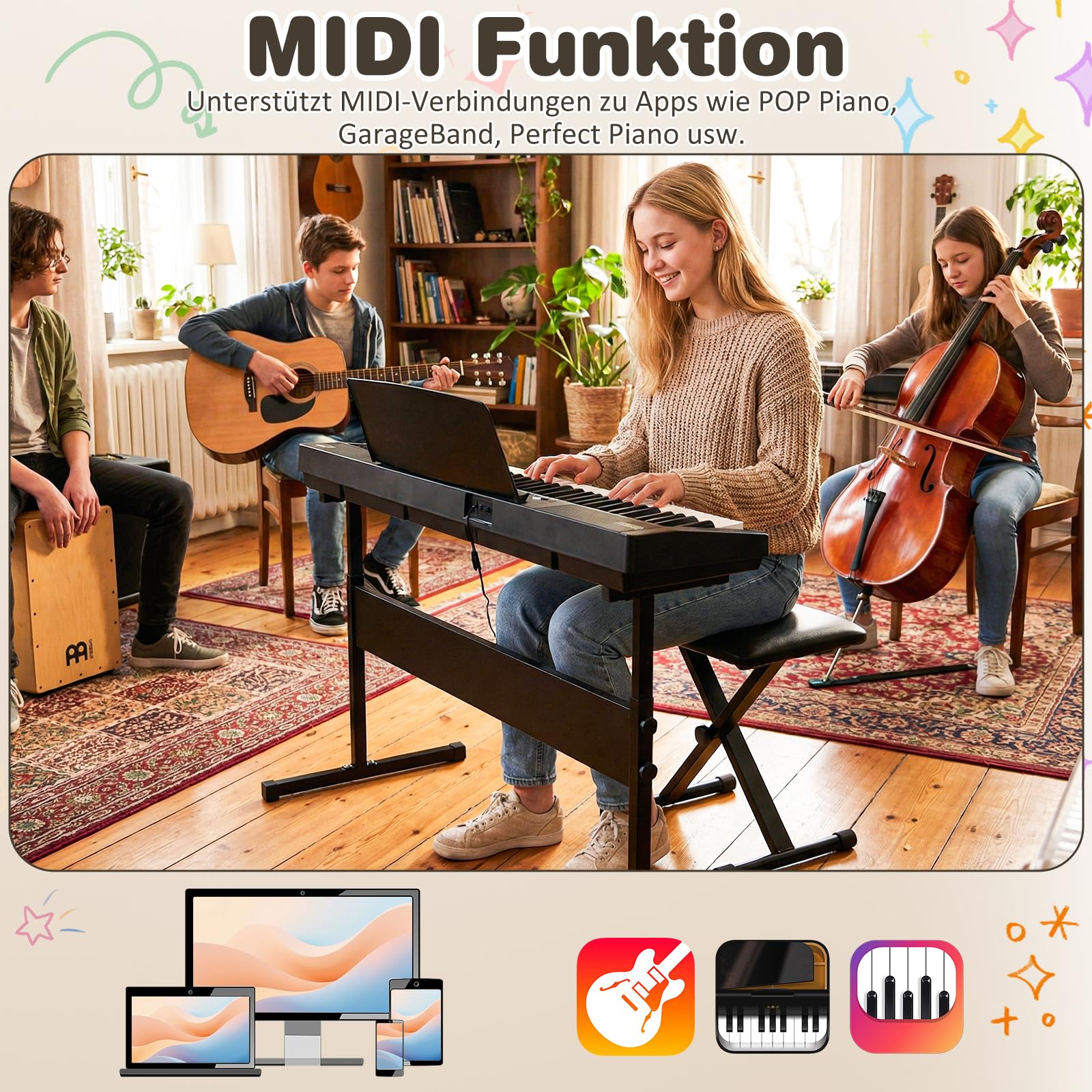 COSTWAY Keyboard Piano 61 Tasten, E-Piano mit Ständer, Hocker, Pedal & Notenaufkleber, Digitalpiano mit USB/MIDI, 128 Rhythmen, 128 Tönen & 80 Demos, E-Klavier für Anfänger, Schwarz