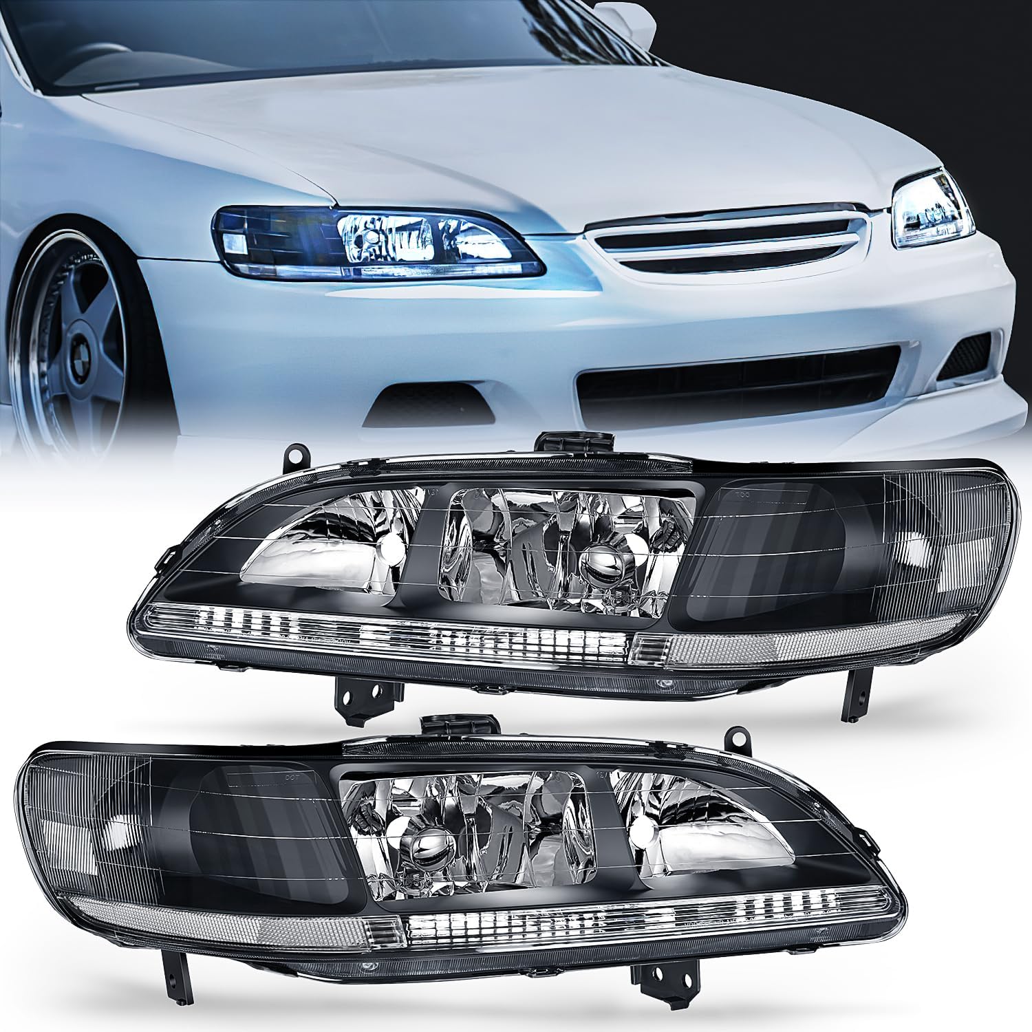 Nilight Headlight Assembly Compatible with 1998 1999 2000 2001 2002 Honda Accord Headlamps Replacement Black Housing Clear Reflector Upgraded Clear Lens Driver and Passenger Side