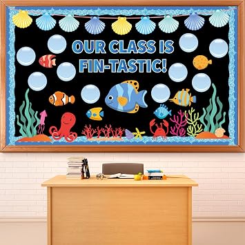Under The Sea Bulletin Board Set Ocean Classroom Decoration Fish Bubble DIY Photo Bulletin Board Sea Animals Cutouts for Back to School Classroom Chalkboard Wall DecorOur Class is Fin-Tastic