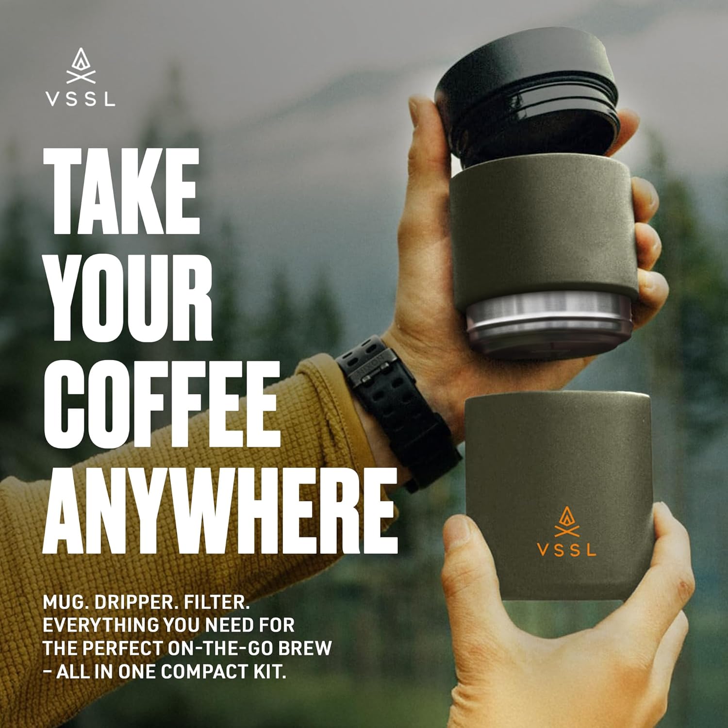 VSSL - Nest Pour Over Coffee Set | Coffee Maker for Camping | All-In-One Travel Pour Over | Transportable Dripper, 10oz Stainless Steel Travel Mug | Compact Storage & Adventure Ready | Deep Moss