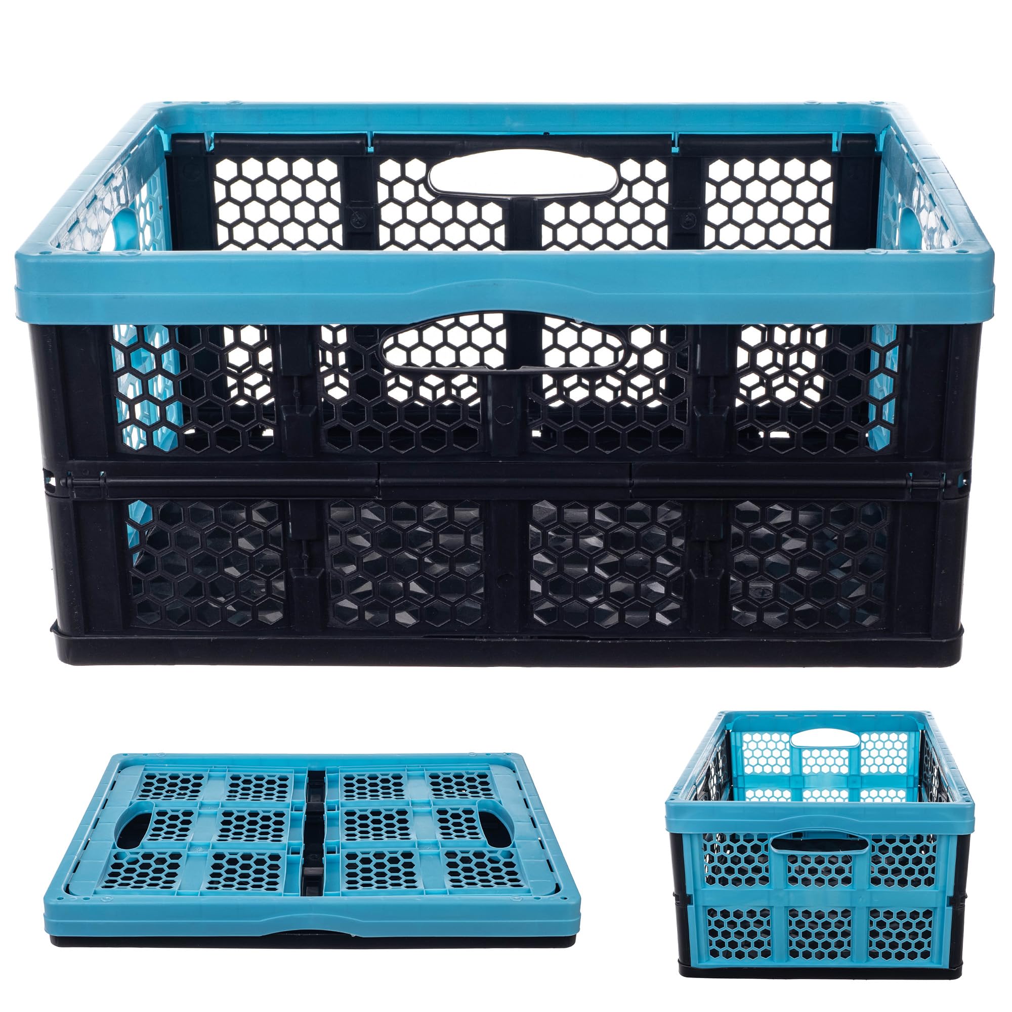 KADAX Caisse Pliante En Plastique 47 X 34 X 21,5 Cm - Boîte De Rangement Pliable Avec Poignées, Panier Noir/Bleu Idéal Bureau, Garage Et Courses