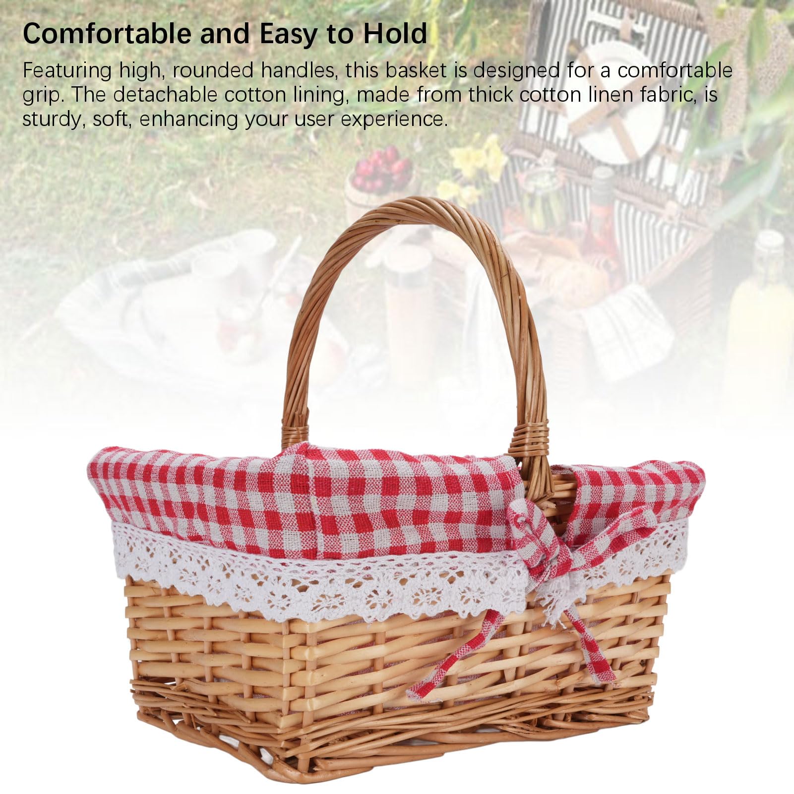 Fockety Cesta de Mimbre, Cesta de Picnic Tejida con Forro Desmontable, Cesta de Mimbre Ovalada para Regalos, Cesta de Almacenamiento Grande para Camping, Al Aire Libre, Halloween, (Cuadros Rojos)