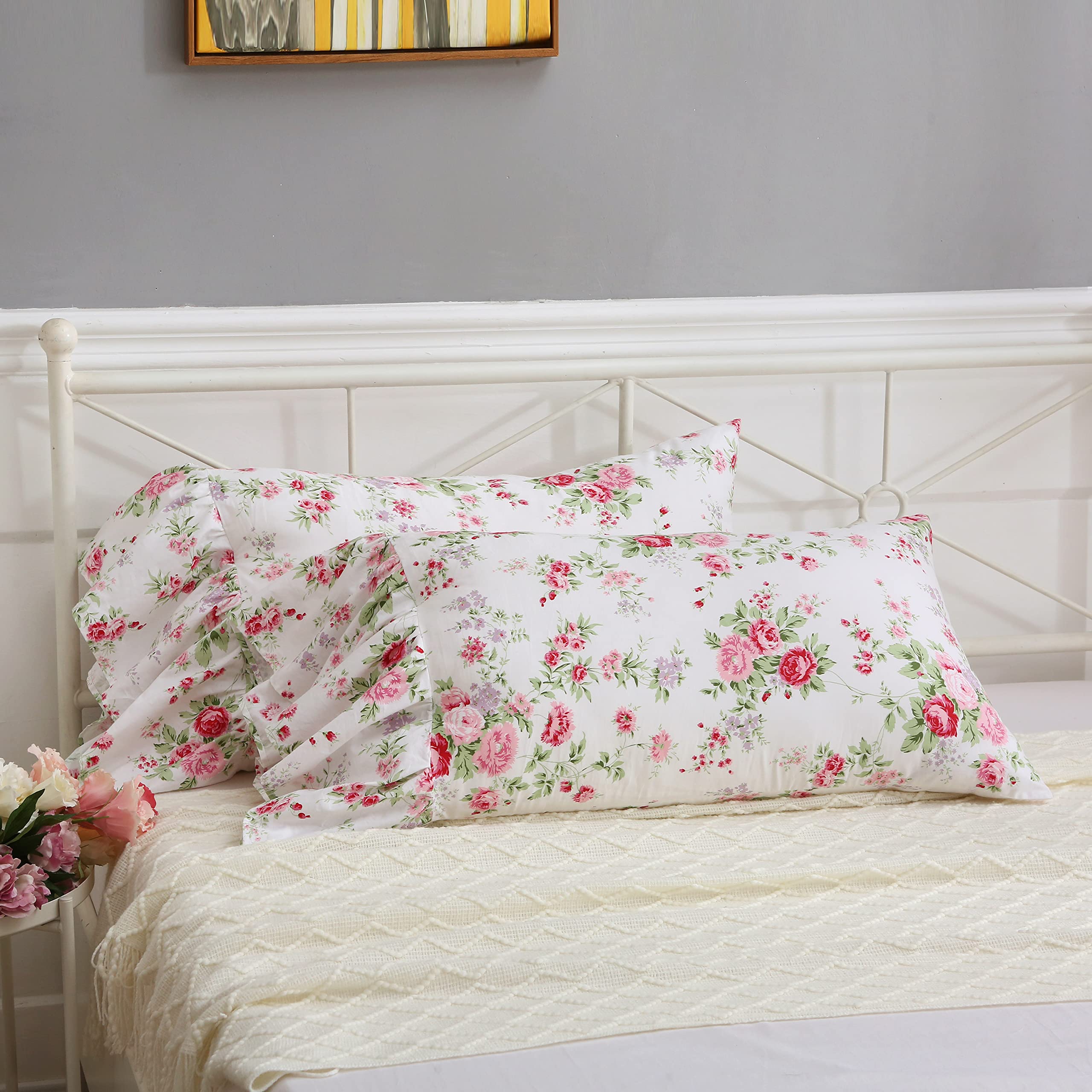 Set di 2 federe per cuscini floreali vintage, rosa, blu e crema, 55 x 55 cm, motivo floreale rustico, per esterni, con stampa floreale, in cotone e lino, per divano
