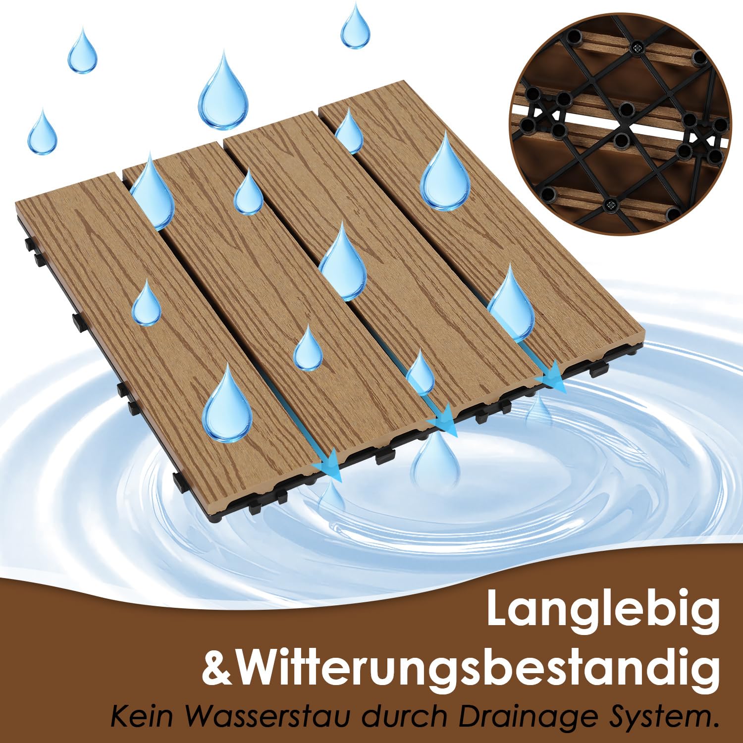 Piastrelle per terrazze in WPC, 30 x 30 cm, 22 pezzi, per balconi da 2 m², resistenti alle intemperie, sistema a clic, impermeabili, per terrazze, esterni, teak