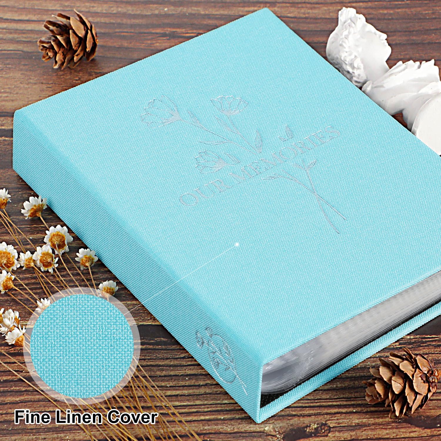 Lanpn Lino Album Fotografico 10x15 100 Tasche 2 Confezioni, OUR MEMORIES Piccolo Mini Biancheria Album Foto Portafoto Verticale Tascabile Tasca (Teal)