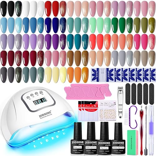 JODSONE Gel Nail Polish Kit with U V Light 32 Colors Gel Polish Nail + 4 Functional Adhesive Bottles Kit Soak Off Manicure Tools Gifts for Women - classic series