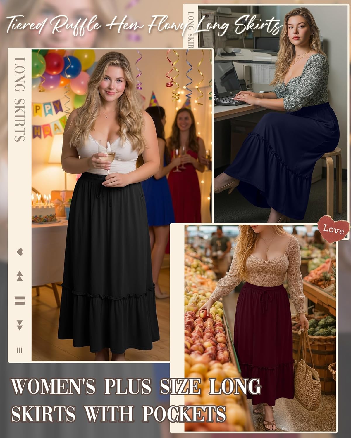 3 Pack Plus Size Maxi Skirts for Curvy Women Ankle Length Pockets Tiered Ruffle Hem Flowy Pleated Summer Long Skirts