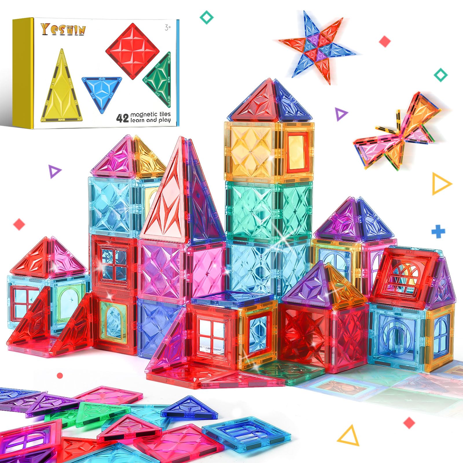 YESHIN Magnetic Tiles, 42 Pcs Magnet 3D Building Set Toy for Kids Ages 3+, Construction Playboards, Montessori Toys, Puzzle Magnets Toys Christmas Toy Gift for Boys and Girls