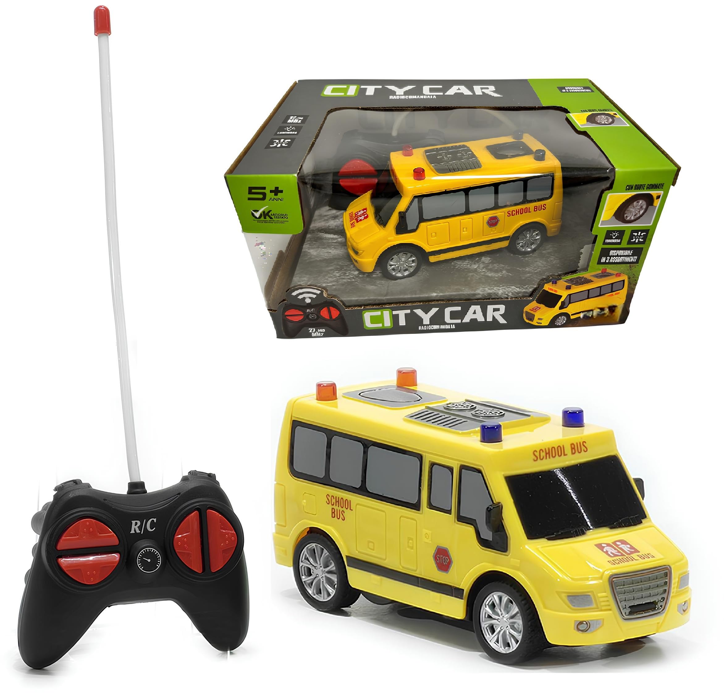 Coche teledirigido para niños City Car Mini Vehículos 13,5 cm Coche teledirigido con luces y ruedas de goma Rc Ambulancia Telecomdata Pullman Bus Radiocontrolado Pulmín con mando a distancia (SCHOOL
