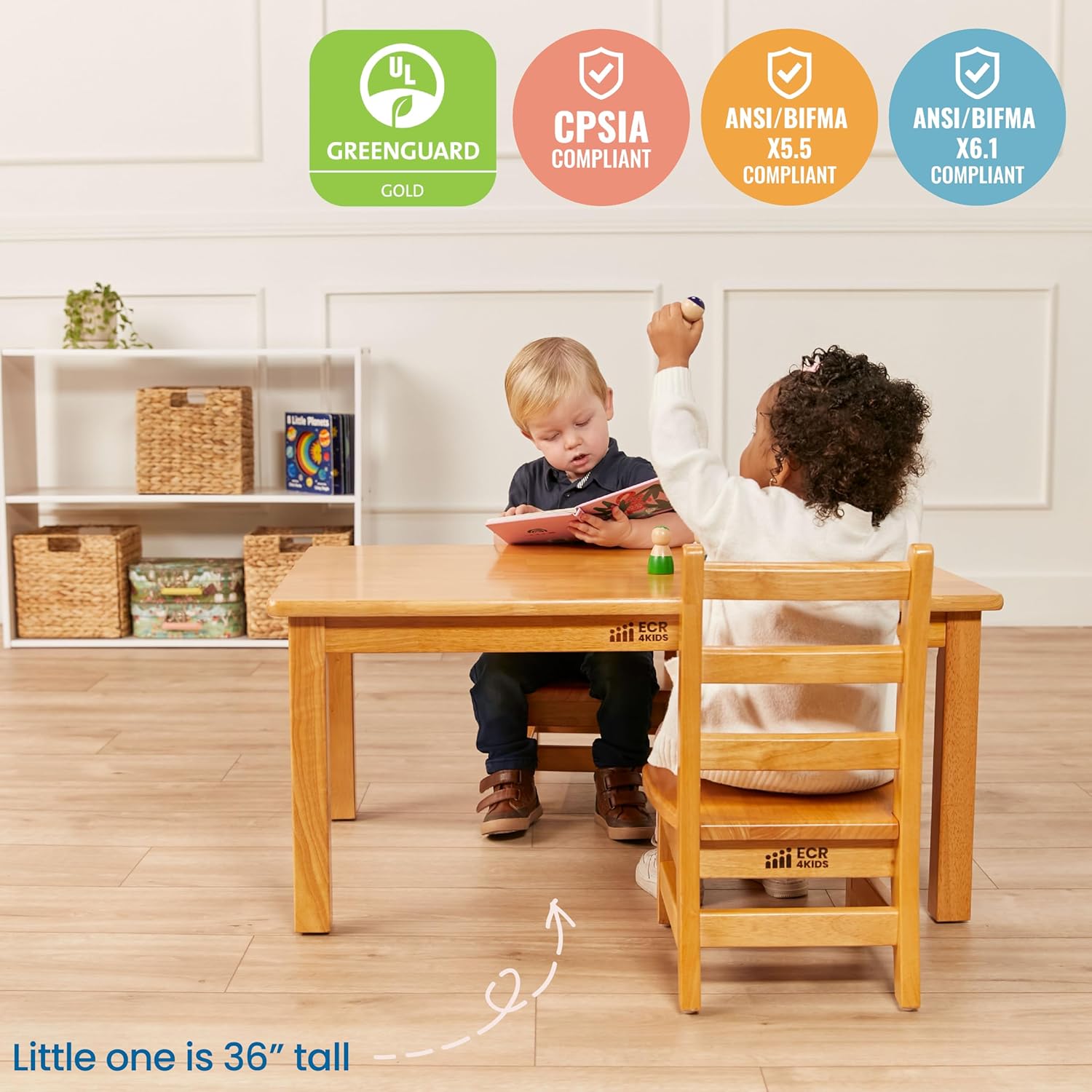 ECR4Kids 24in x 36in Rectangular Hardwood Table with 16in Legs and Two 8in Chairs, Kids Furniture, Honey, 3-Piece