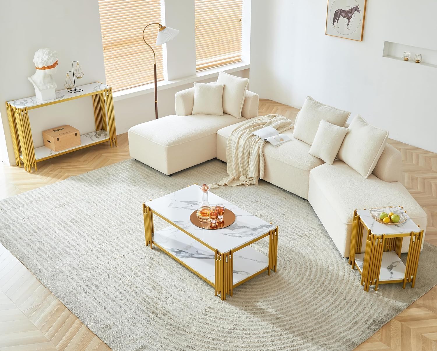 47 inch White Marble Coffee Table with Gold Chrome Metal Base, 2-Tier Rectangle Faux Marble Center Table Cocktail Tables, Modern Coffee Table Living Room Table, 47" White Center Tables