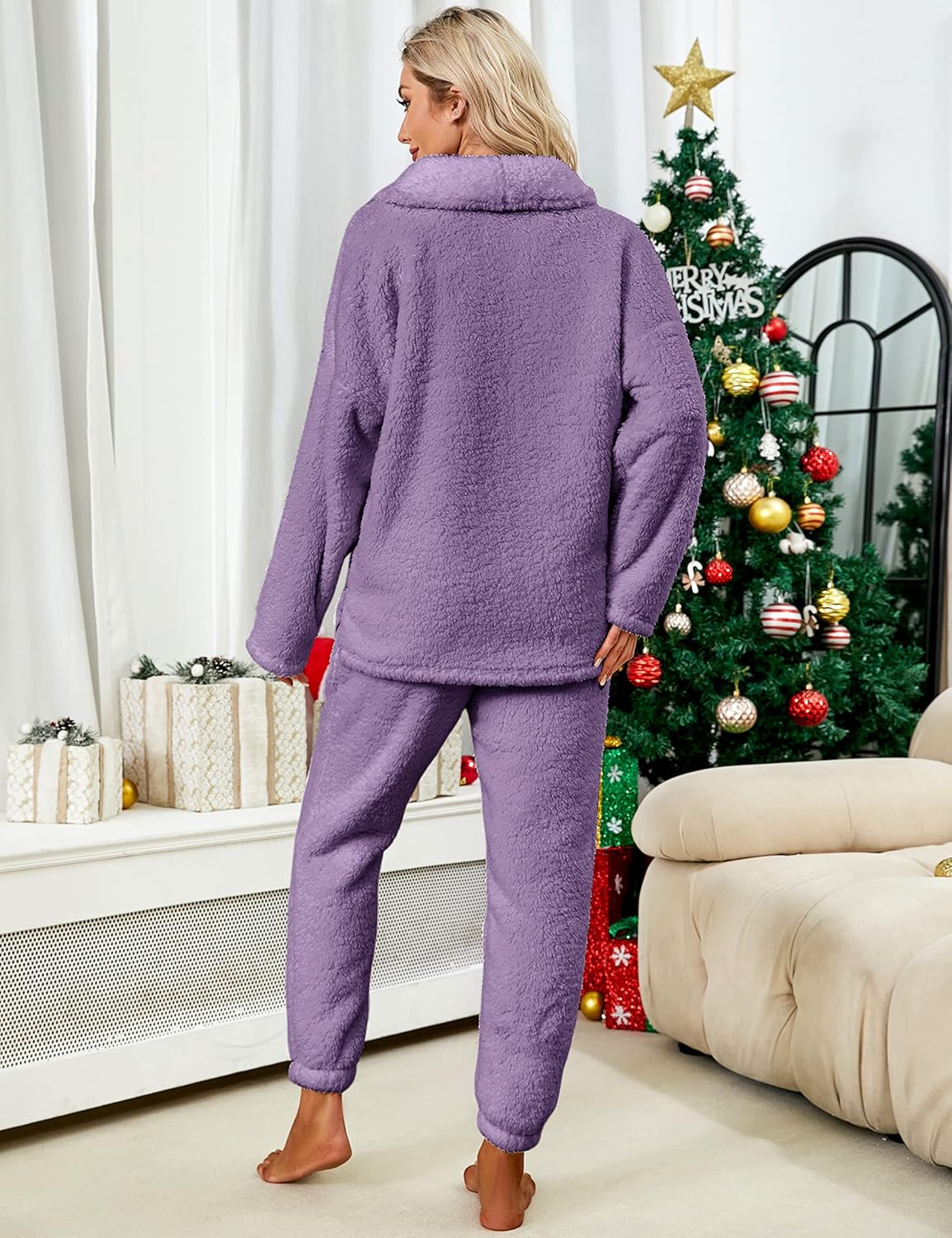 Faleave Womens Winter Fluffy Pajamas Set Warm Fleece Pants Pullover Plush Sleepwear - Image 5