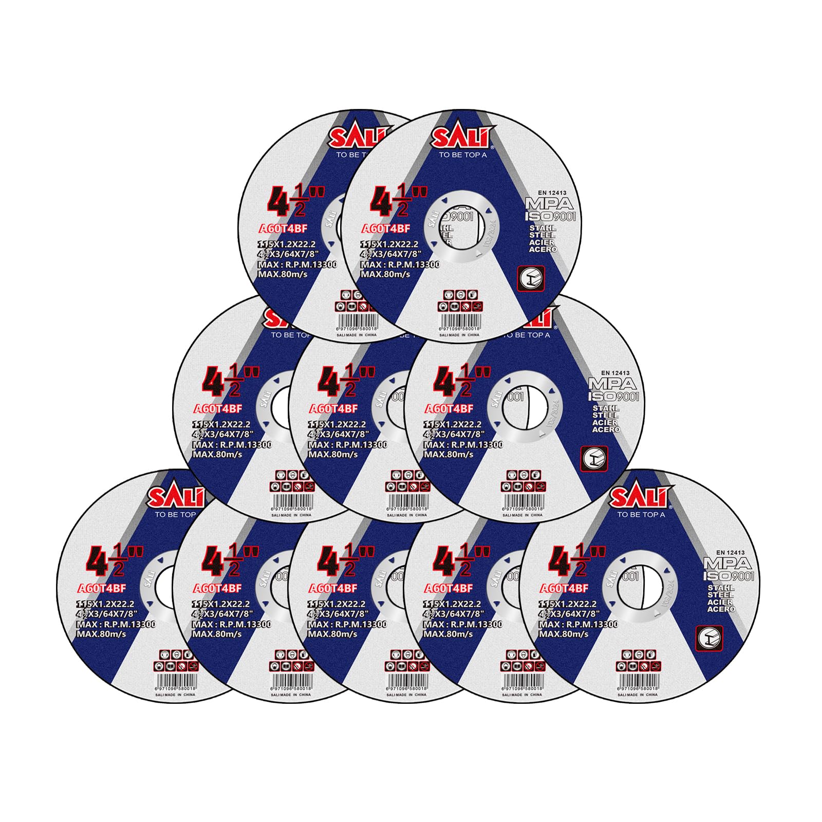 SALI 10 Pack Cut Off Wheels 115mm (4.5") Aluminium Oxide Grit Medium General Purpose Metal Cutting Wheel for Angle Grinders - 115 x 1.2 x 22.2mm Operating Up to 12220 RPM and 80 M/S