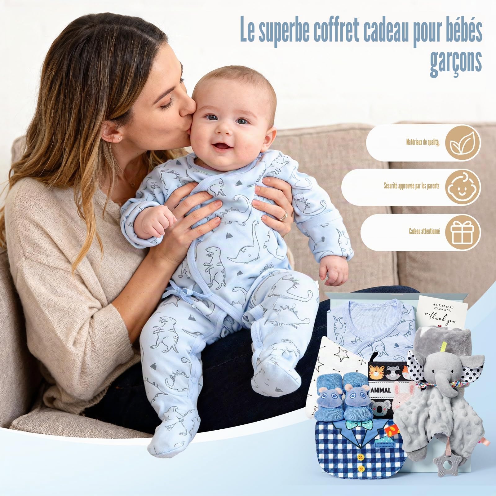 vamei Cadeau Coffret Naissance Fille Garcon avec Barboteuse Bebe Couverture Doudou Bavoir Chaussettes Antidérapantes Bonnet Cadeau Baby Shower Mixte Bebe Naissance Coffret
