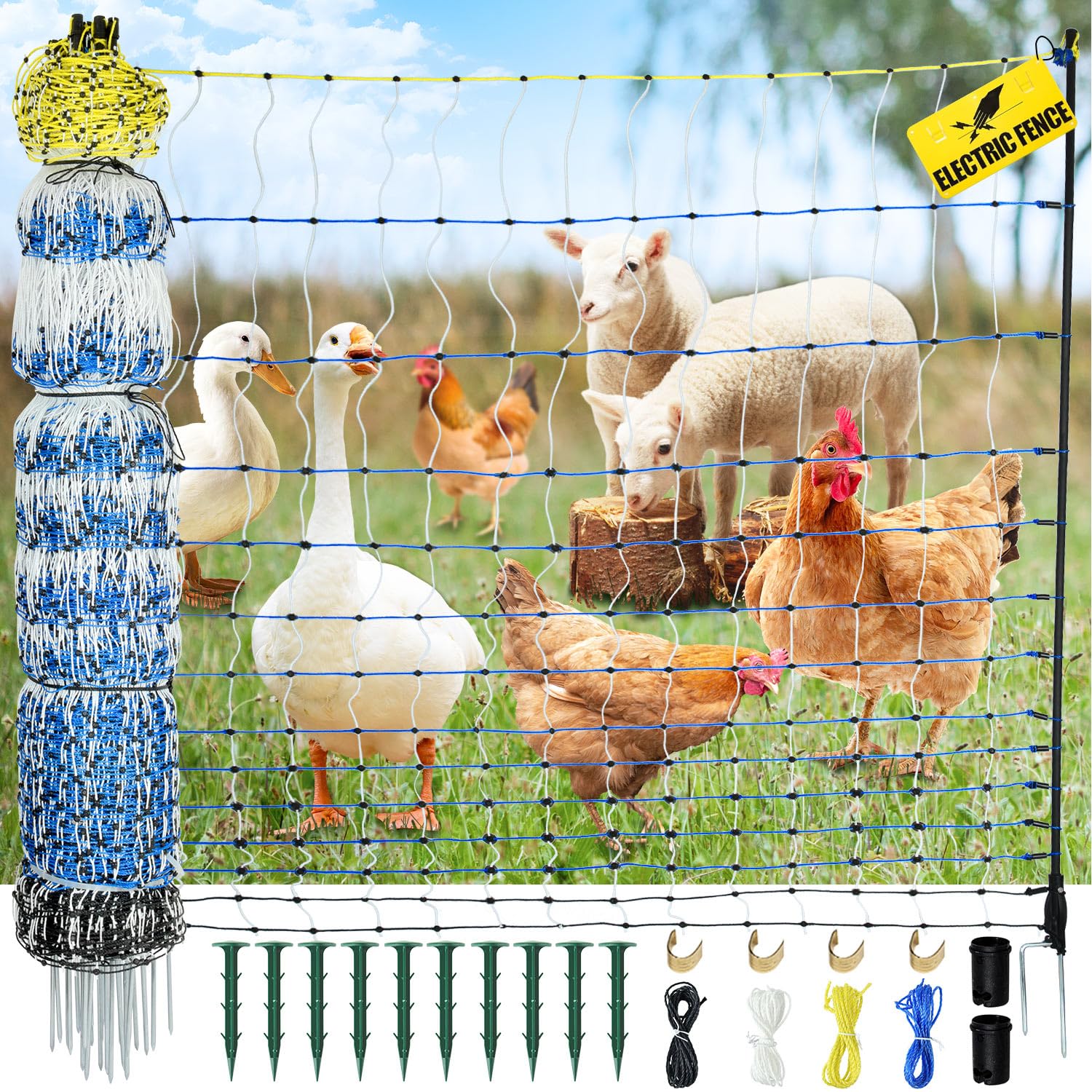 Electric Poultry Netting, 42" H x 164'L Electric Anti-Predator Poultry Fence, PE Net Fencing Kit with 14 Posts Double Spiked, Movable Livestock Nets for Chickens, Ducks, Geese, Sheep and Other Poultry