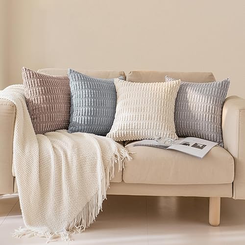 Miniatura 5 de Softalker Juego de 4 fundas de almohada de pana suave a rayas bohemias de 22 x 22 pulgadas, fundas decorativas modernas para sofá, dormitorio y sala