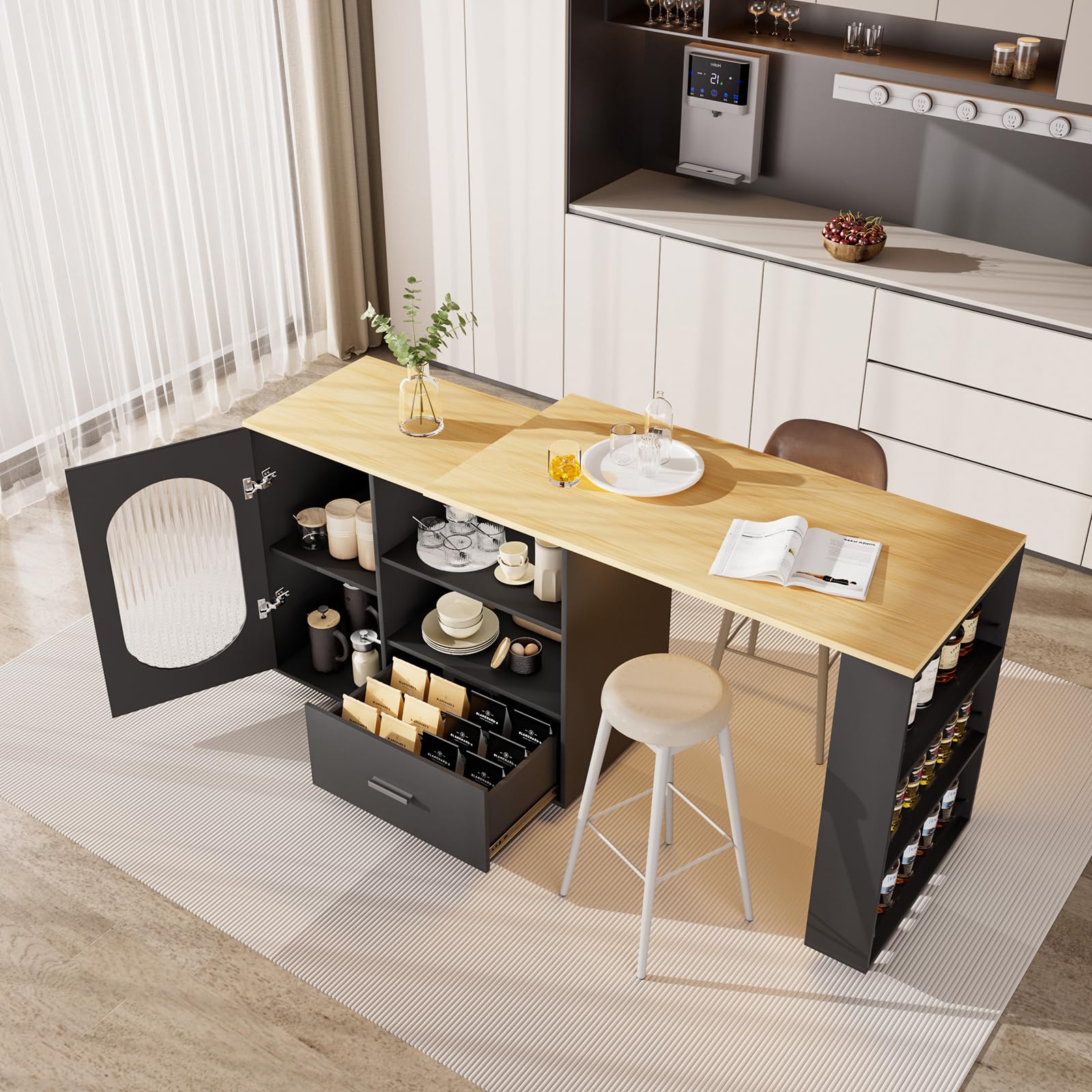 Isola da cucina girevole a 360° con spazio di archiviazione, carrello da cucina portatile, tavolo da bar allungabile, piano di lavoro in acciaio inox, bar per la colazione con armadi e cassetti, per