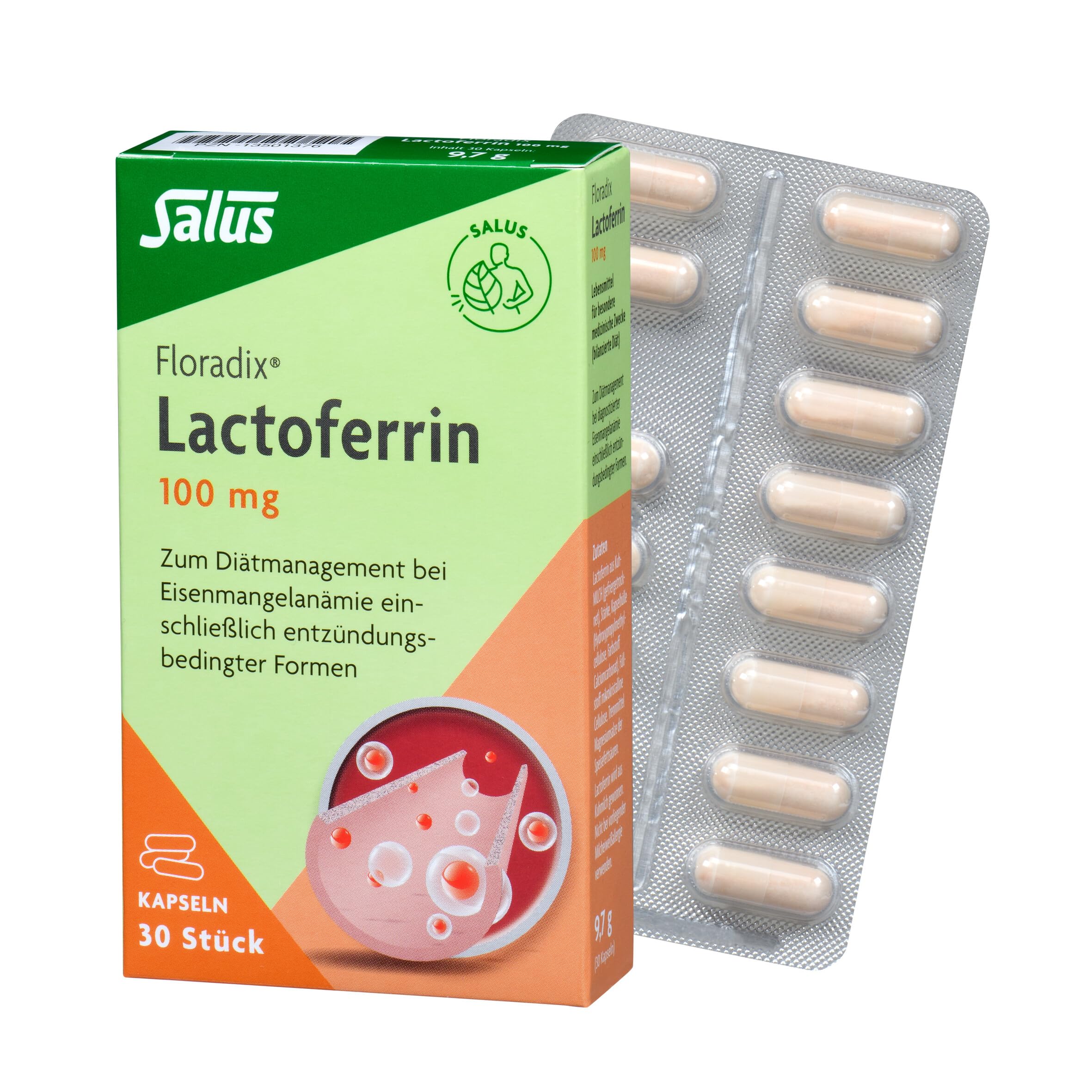 Salus Floradix Lactoferrin 100 mg - 1x 30 Kapseln (9,7 g) - zum Diätmanagement bei diagnostizierter Eisenmangelanämie einschließlich entzündungsbedingter Formen - vegetarisch