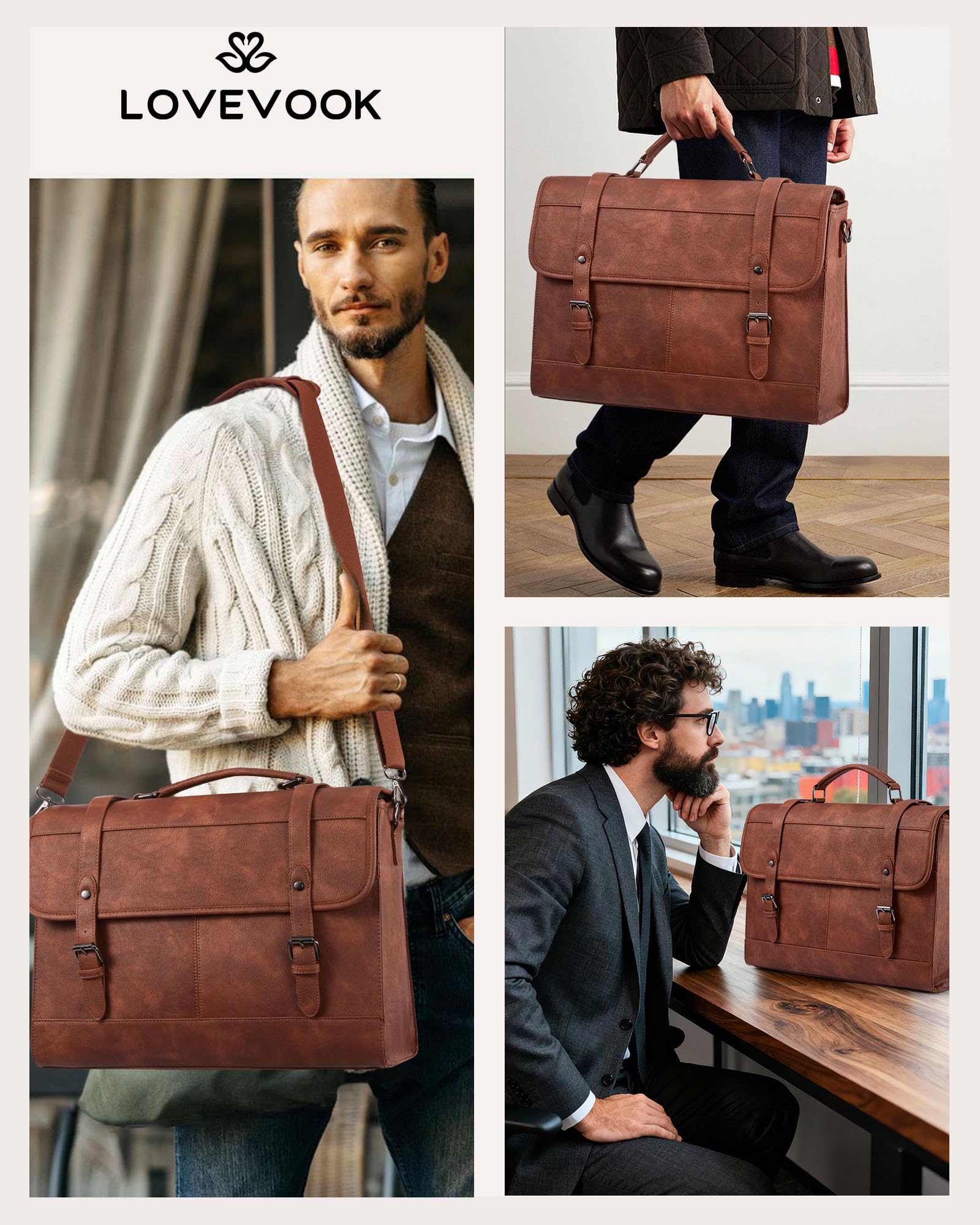 LOVEVOOK Aktentasche Herren Laptoptasche, Vintage Arbeitstasche Ledertasche Messenger Bag Handtasche Umhängetaschenfür Uni Büro Schule Business
