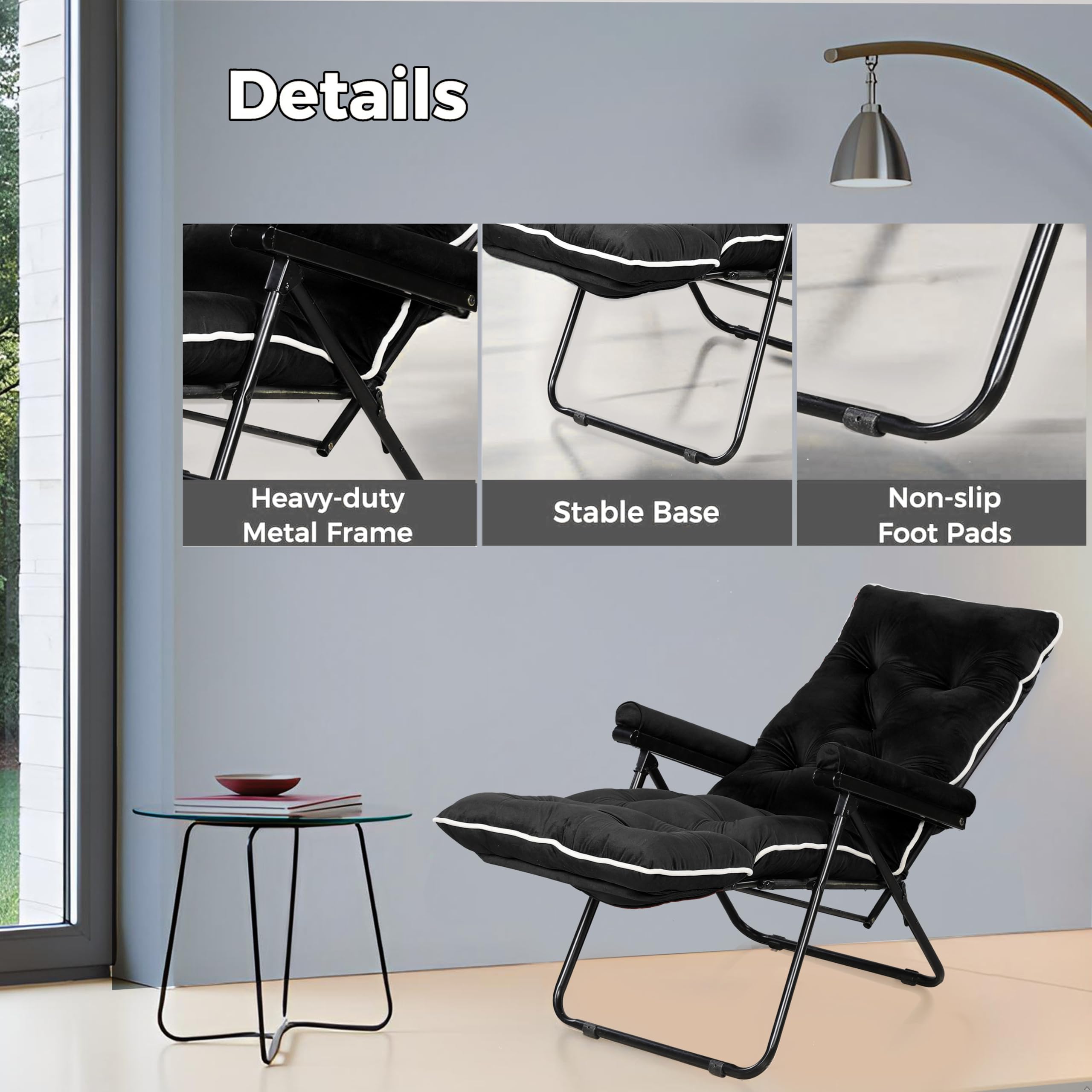 Spacecrafts® Premium Steel Recliner Chair for Home Relaxation | Foldable, Space-Saving Easy Chair with Cushion & Arm Rest | 5 Adjustable Positions Zero Gravity Recliner for Elderly & Sleep | Black 4
