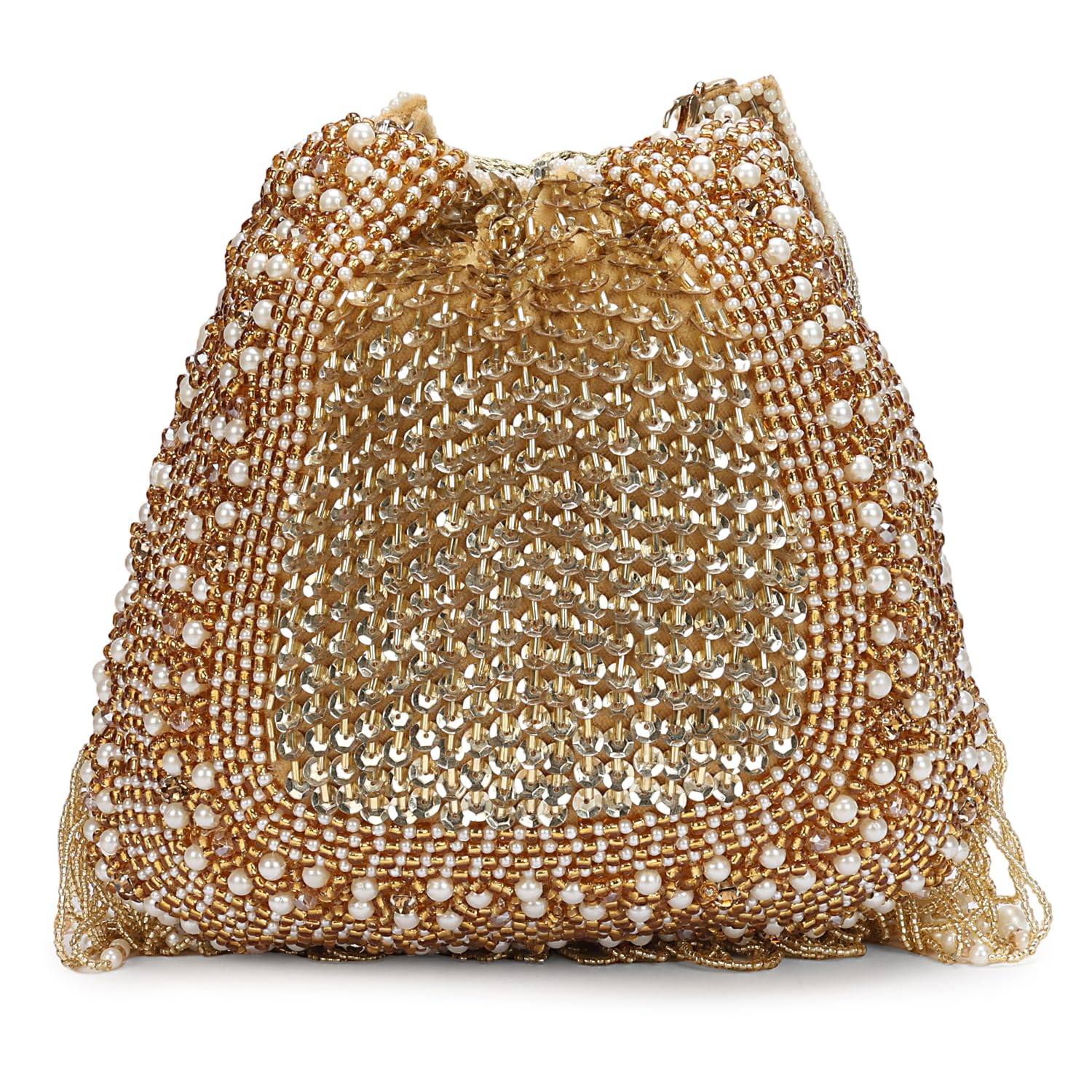 LONGING TO BUY Borsa Potli con perline dorate e sequenze con dettaglio di frange di perle, pochette con coulisse impreziosita per le donne