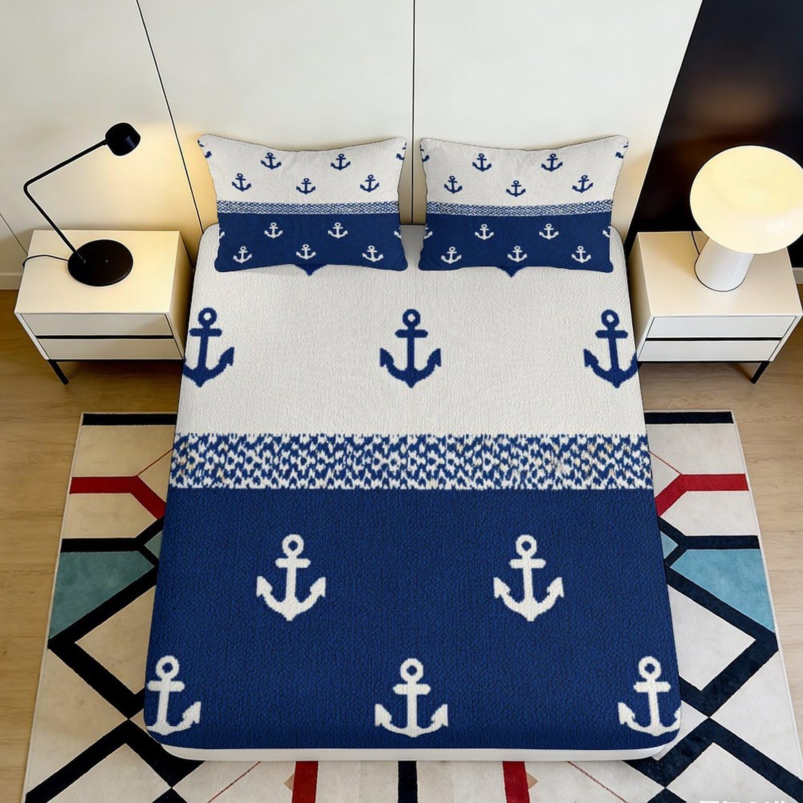3D Printed Nautical Anchor Fitted Sheet Microfiber Blue White Maritime Bed Cover for Bedroom Guest Room Decor 90x200x25cm