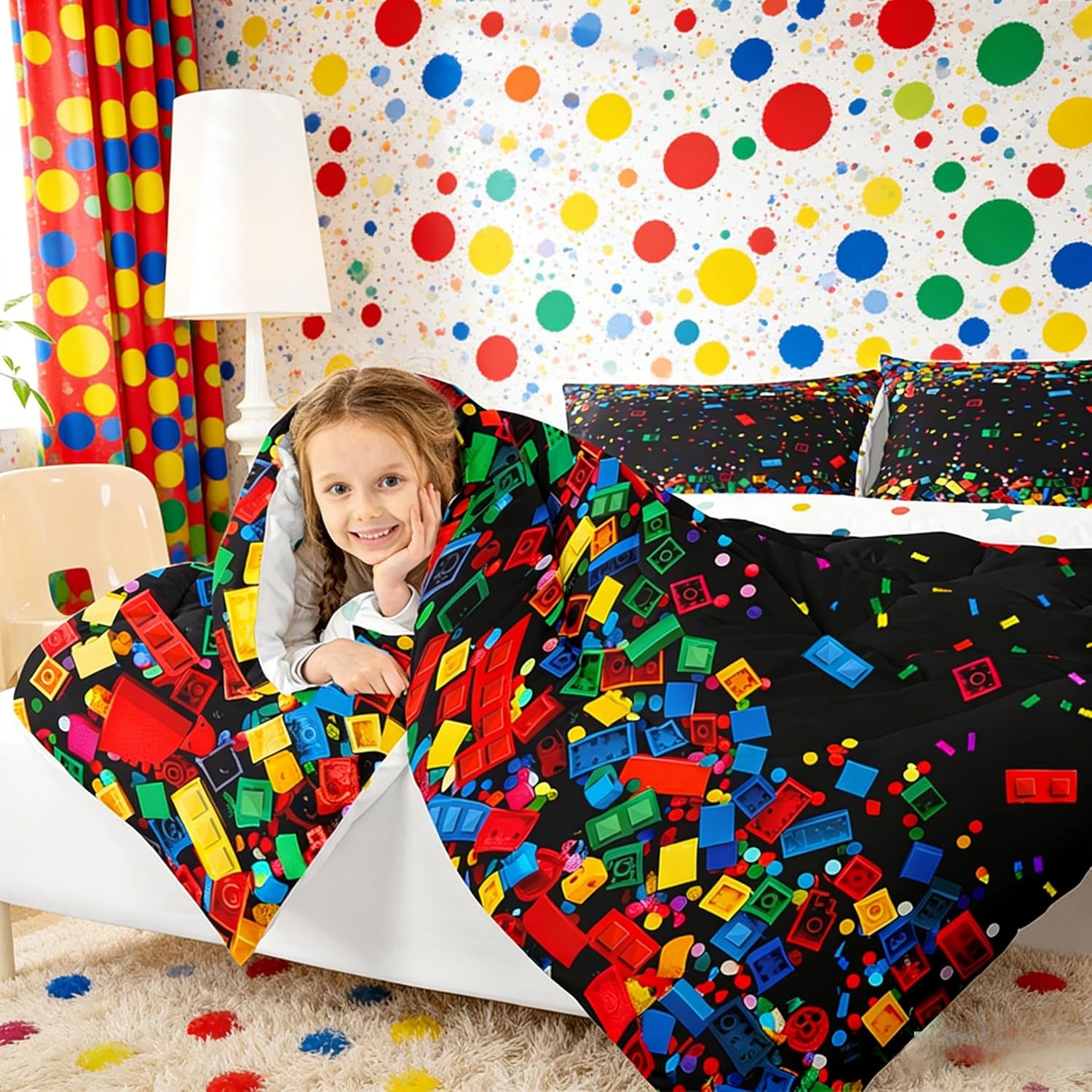 3D Building Blocks Bedding Sets Construction Comforter Set 7 Piece Bed in a Bag Twin,for Boys,Colorful Sheet Set with Comforter Kids Bricks Rainbow Gradient Room Decor for Teen Girls,Black