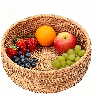 Fruit Storage Basket, Rattan Round Fruit Basket Bowls, Weaving Multifunctional Round Plate for Bread Candy Vegetables 20x7.5cm (M)