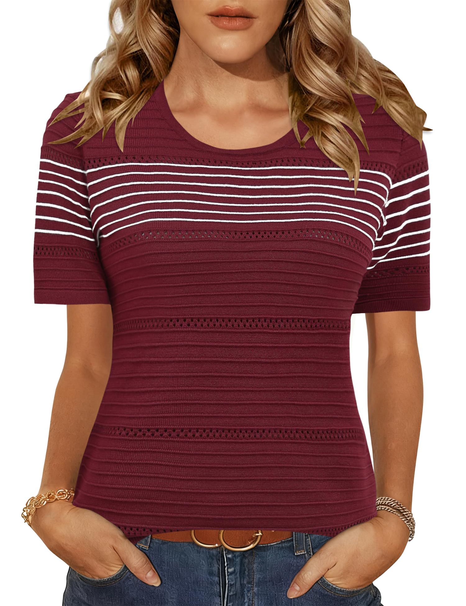 LUYAA Short Sleeve Sweater for Women Spring Summer Crochet Tops Crewneck Ribbed Casual Lightweight Pullover Sweaters