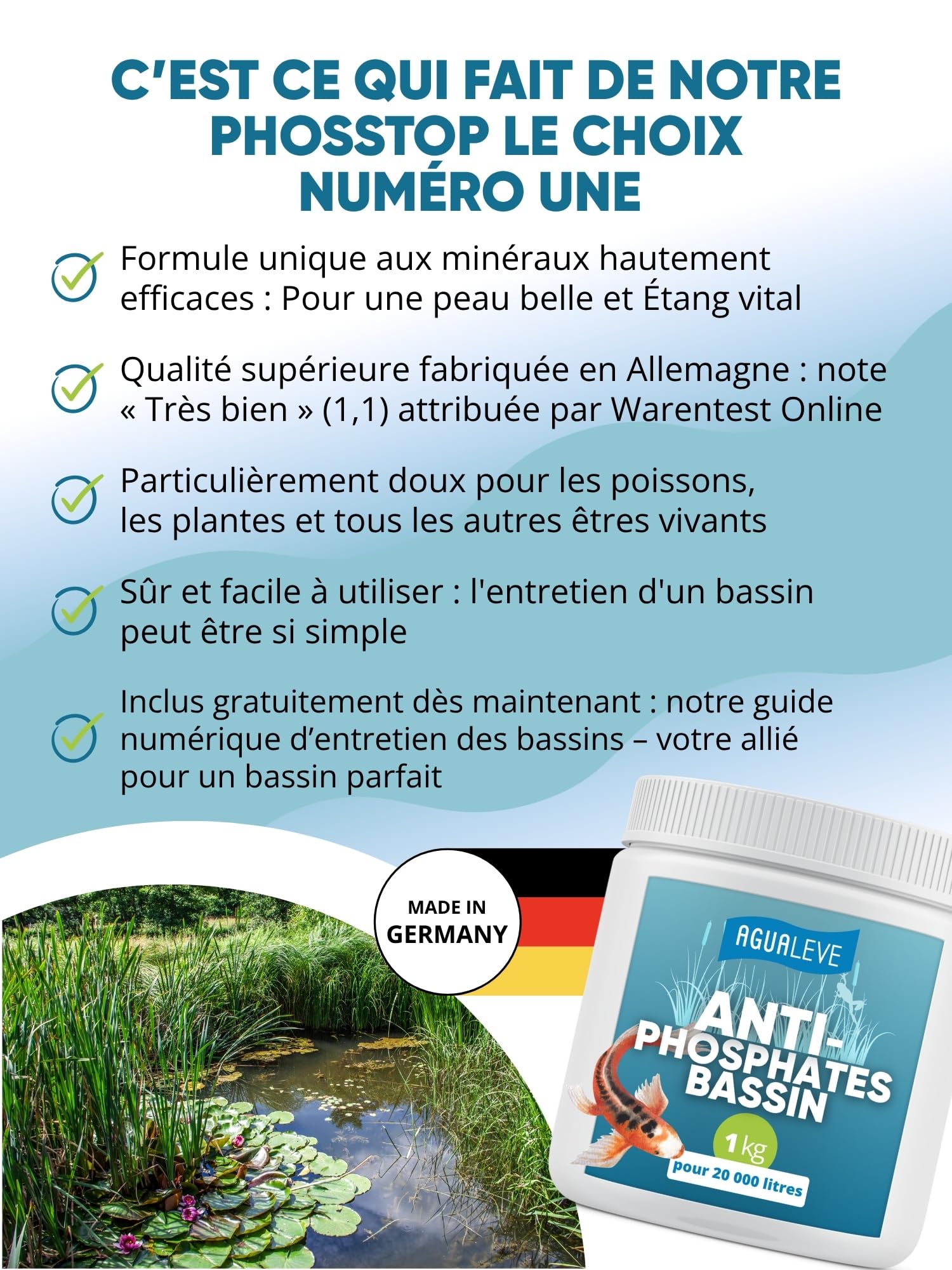 AGUALEVE® Phosstop 1 kg | lie phosphates après la lutte contre les algues et empêche ainsi la formation de nouvelles algues | pour bassins à poissons et baignade | Fabriqué en Allemagne | pour 20000 l