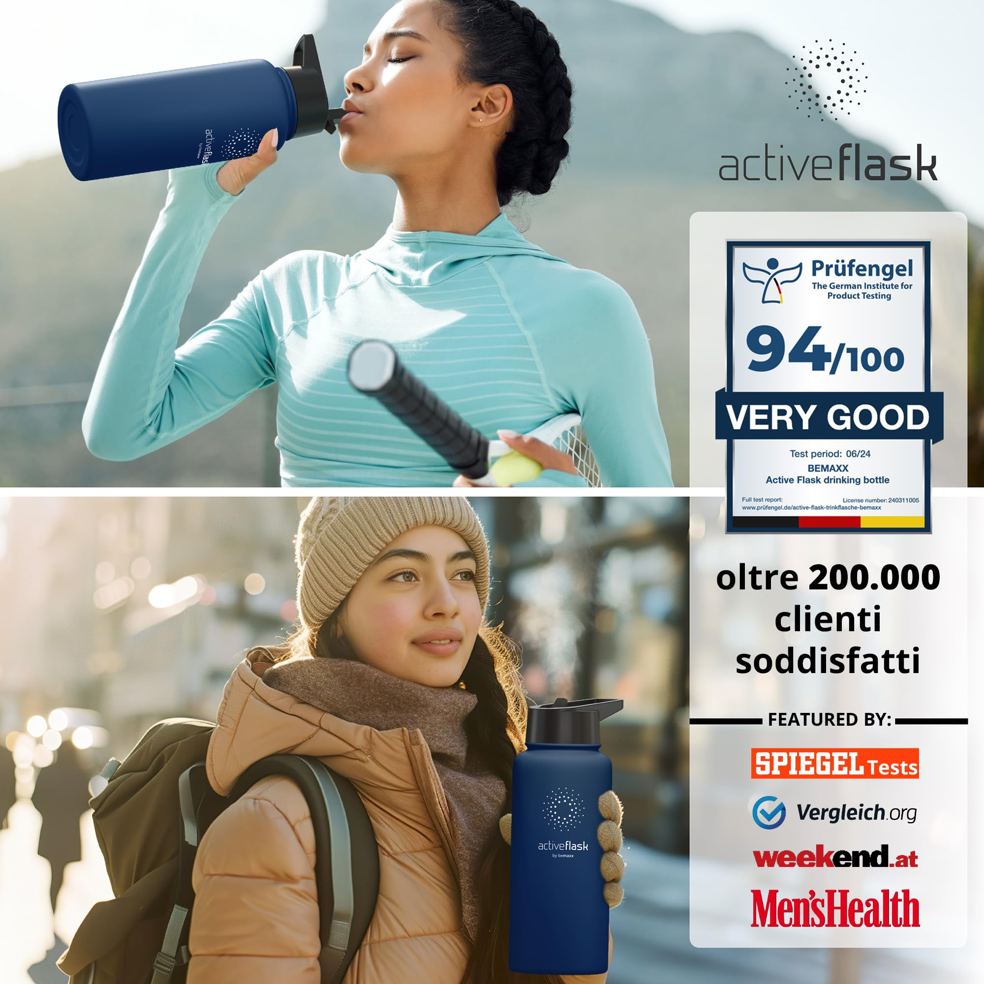 BeMaxx Borraccia Termica con Cannuccia ACTIVE FLASK 1 litro 750 ml 500ml (3 Tappi Infusore per Tè e Frutta), Senza BPA | Bottiglia Termica Acciaio Inox Isotermica - Palestra Sportiva Ufficio Fitness