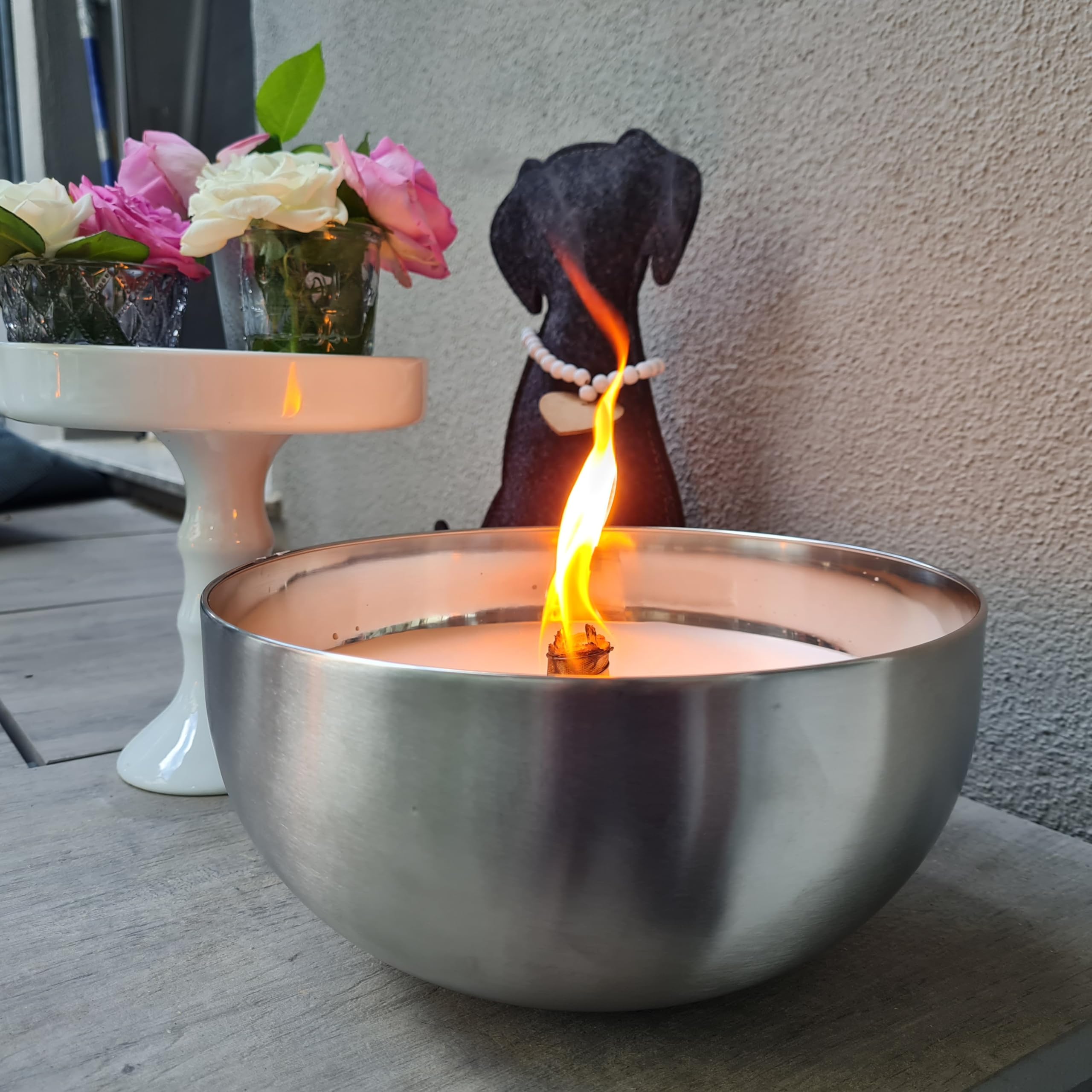 Schwabenfire XL Outdoor Kerze mit Dauerdocht in Edelstahl Schale 23,5cm Balkondekoration Outdoorkerze wiederverwendbar Geschenke für Frauen Schwabenfeuer große Kerze 100% Handgemacht in Deutschland