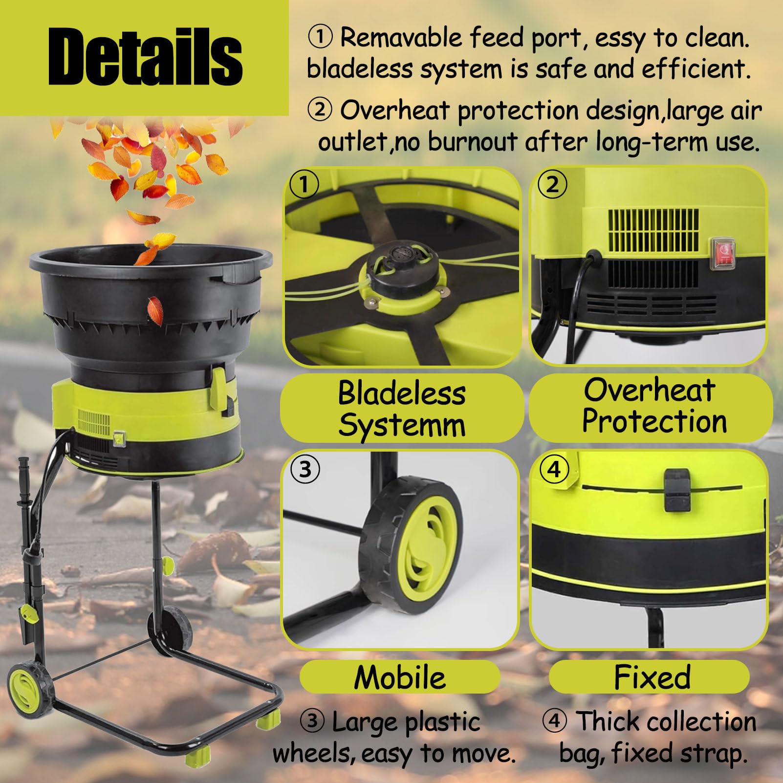 Trituradora EléCtrica De Hojas, con Ruedas Y Bolsa De Almacenamiento, Trituradora De Compost para JardíN, para Una FáCil Limpieza del JardíN Trituradora EléCtrica Powercordx30M