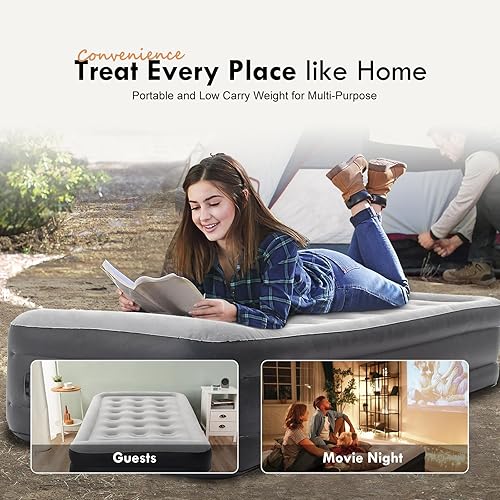 Miniatura 3 de DIMAR GARDEN Colchón de aire de tamaño individual con bomba incorporada, colchón inflable flocado de 18.5 pulgadas para el hogar, colchón inflable