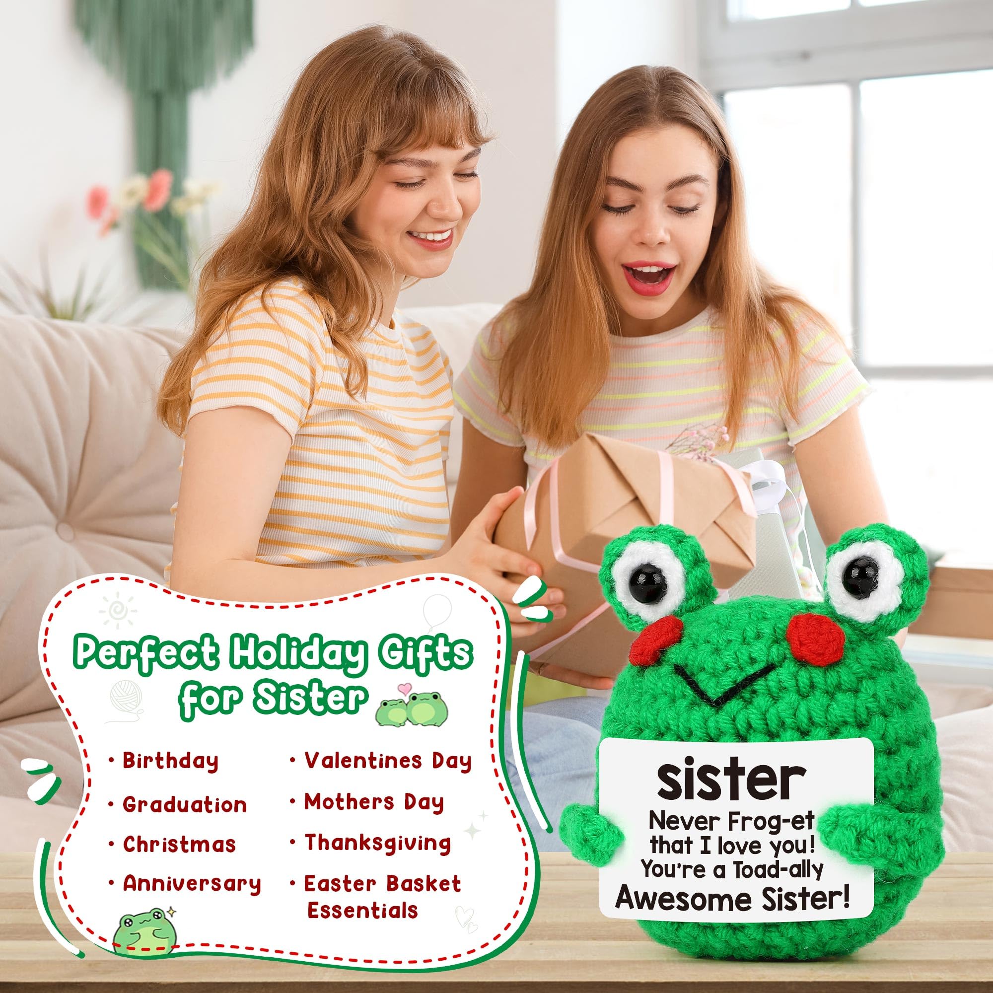 Sister Gifts for Mothers Day, Mother's Day Birthday Gift for Sisters from Brother, Soul Sisters Friend Gifts for Women Teen Girls Graduation Gift for Her, Mini Crochet Frog Affirmation Support Present
