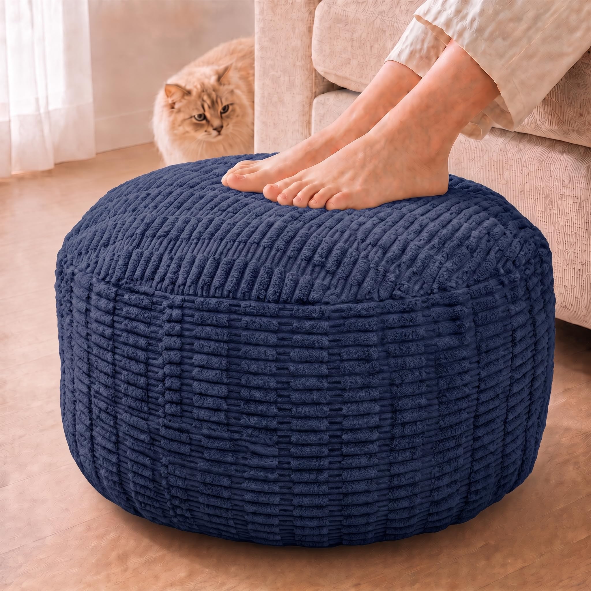 Round Pouf Ottoman, Navy Blue, 28"x14", Corduroy Foot Rest