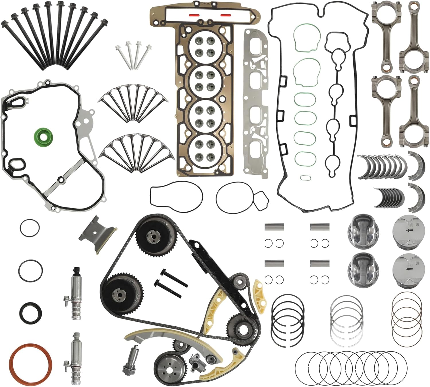 GM 2.4 Engine Rebuild Overhaul Kit With Timing Chain Kit & Con-Rods & Piston Fit For Chevrolet Captiva Buick LaCrosse GMC Saturn Pontiac 2.4L 2011-2016 Replace#12654958 12609858 HS54874HS